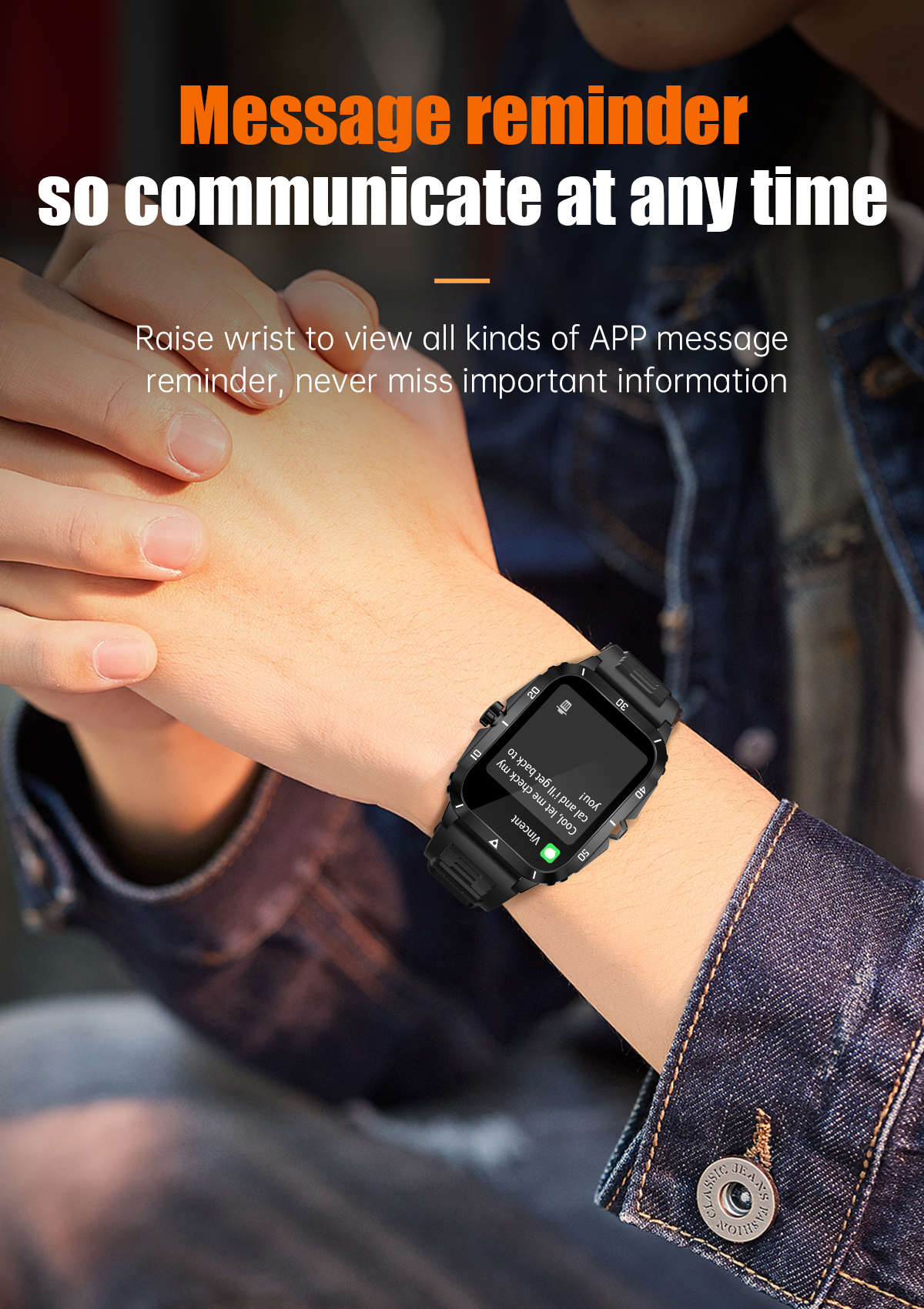 Eine Hand mit einer Smartwatch trägt eine Nachricht.