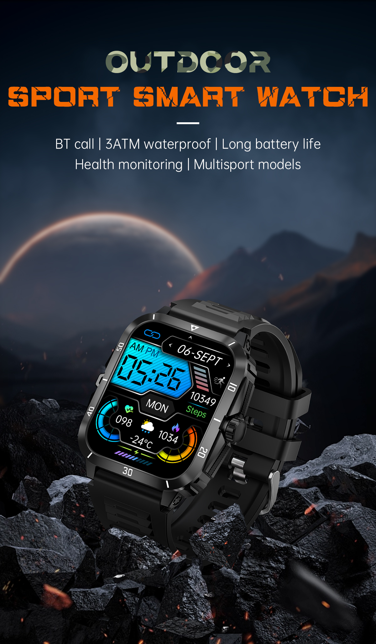 Schwarze Outdoor-Smartwatch mit digitalem Display, das Uhrzeit, Datum, Schritte und Temperatur anzeigt.