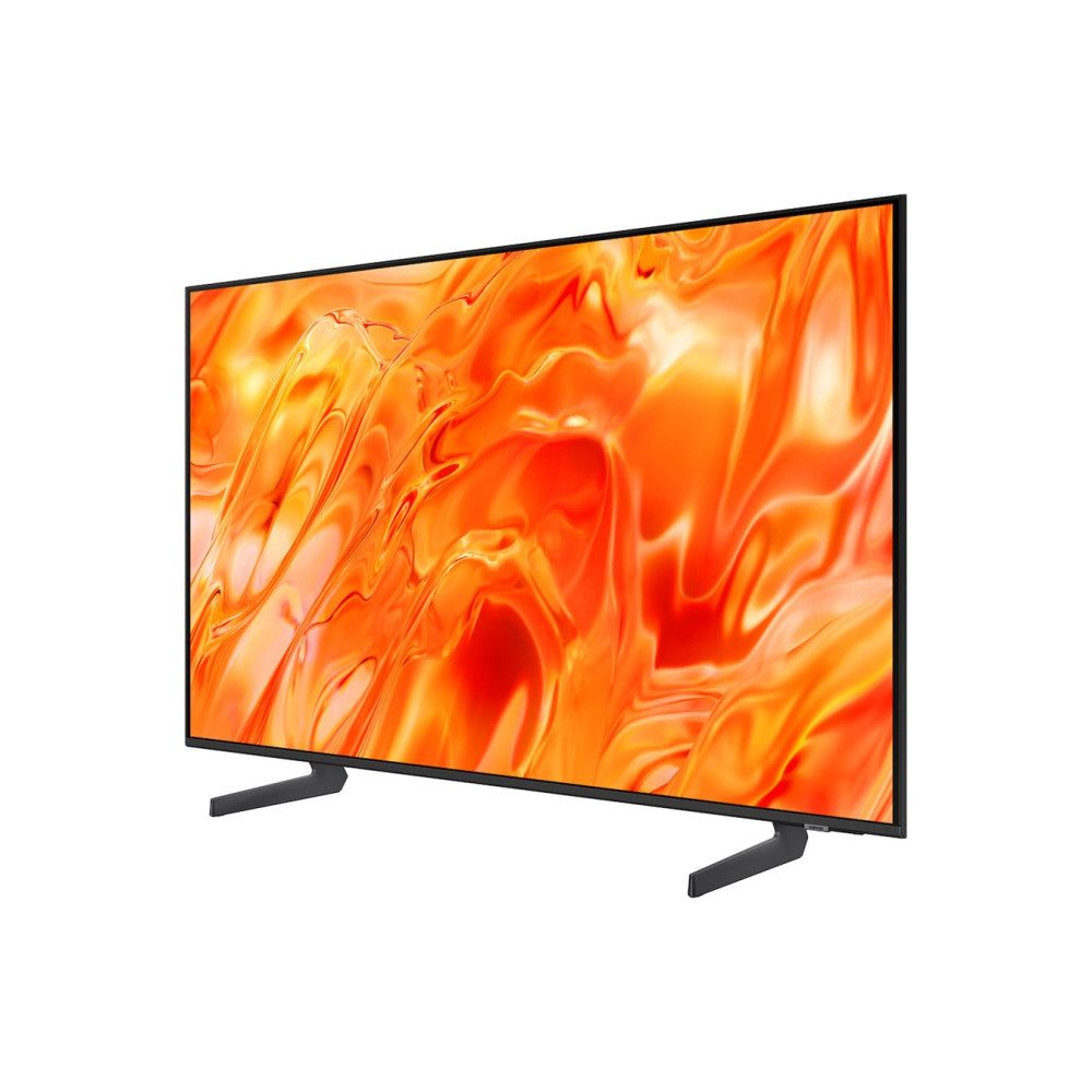 Nowoczesny telewizor z żywym pomarańczowym wzorem na ekranie i czarnymi nogami podstawy.