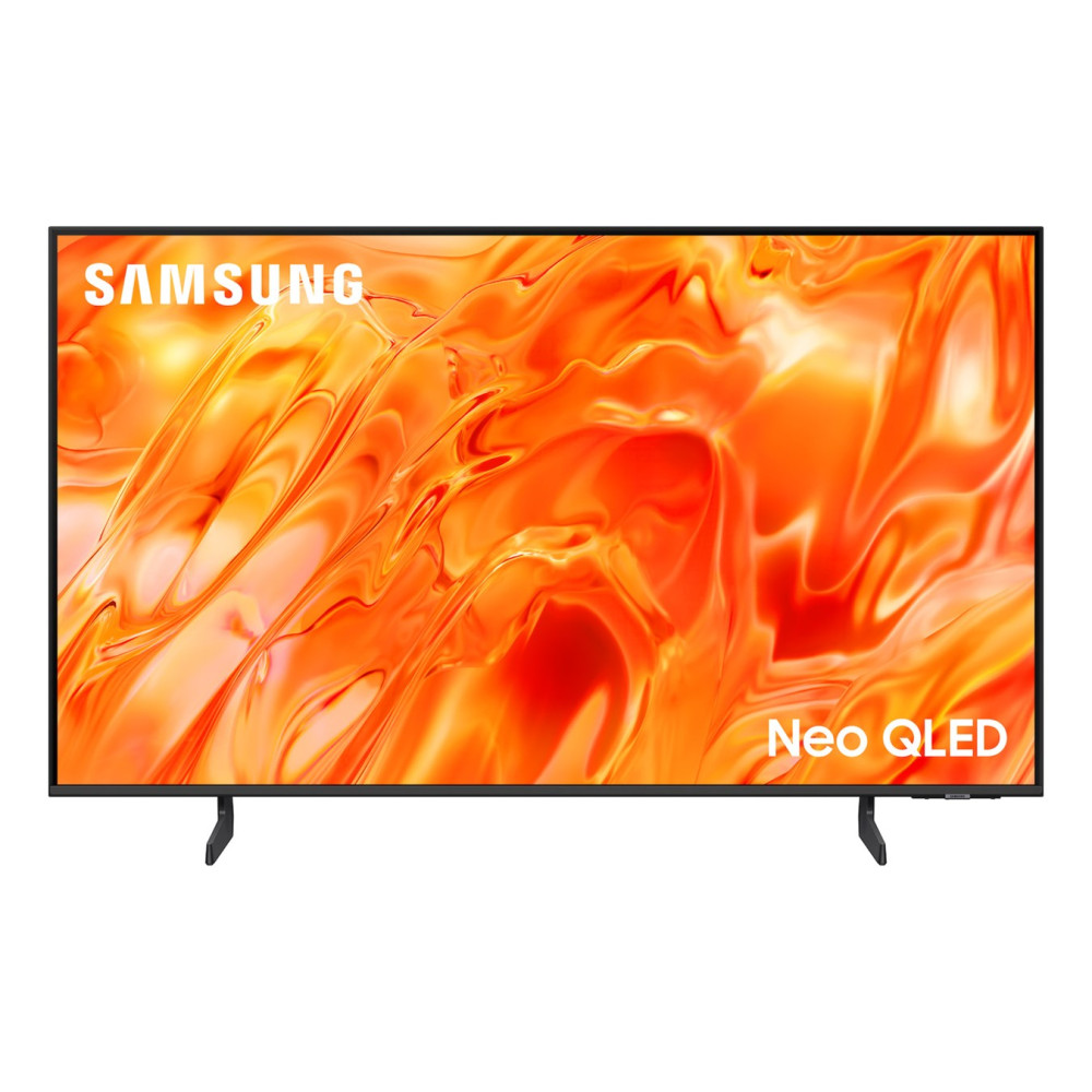 Telewizor Samsung Neo QLED z żywym pomarańczowym ekranem abstrakcyjnym, na białym tle.