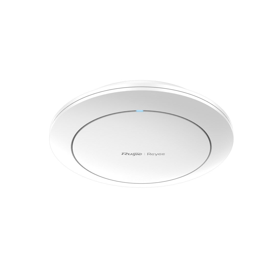 Mavi ışıklı, "Ruijie Reyee" logolu beyaz, yuvarlak Wi-Fi erişim noktası.