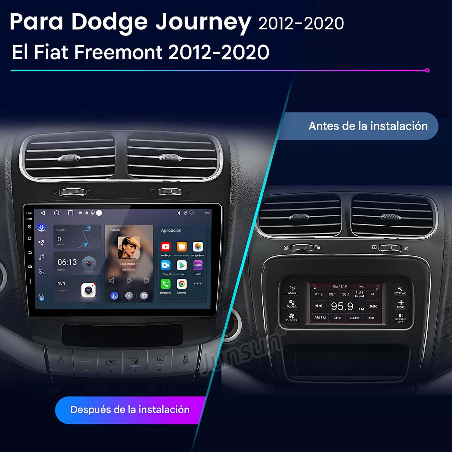 Comparación antes/después de un sistema de infoentretenimiento para Dodge Journey/Fiat Freemont.