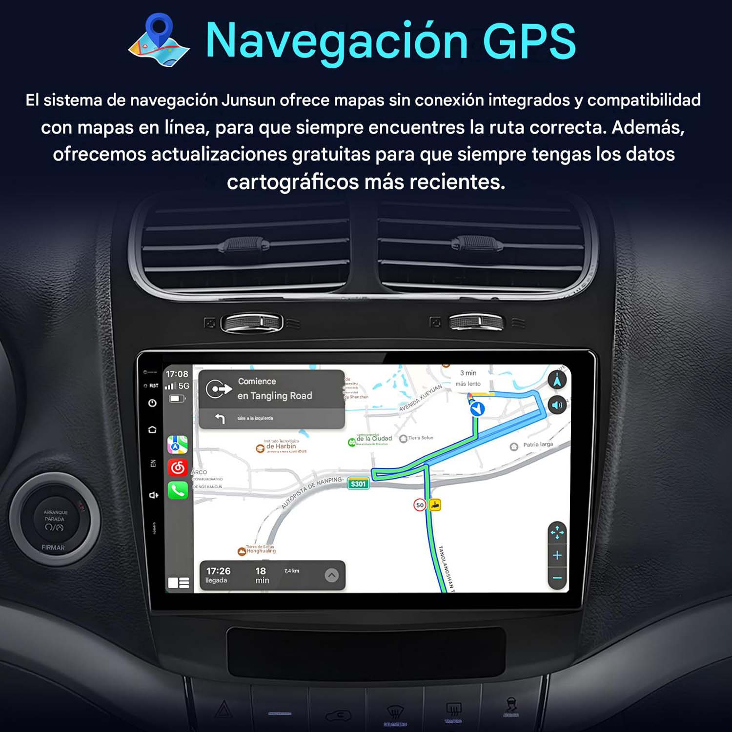 El sistema de navegación GPS de un coche muestra una ruta en un mapa con información de tráfico.