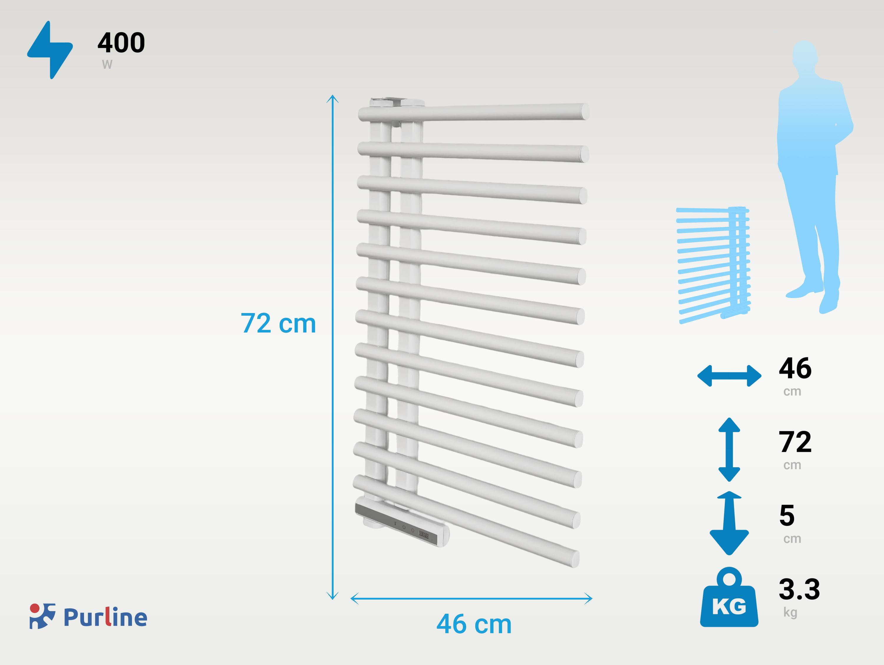Un toallero blanco, 72x46x5cm, 400W, 3.3kg.