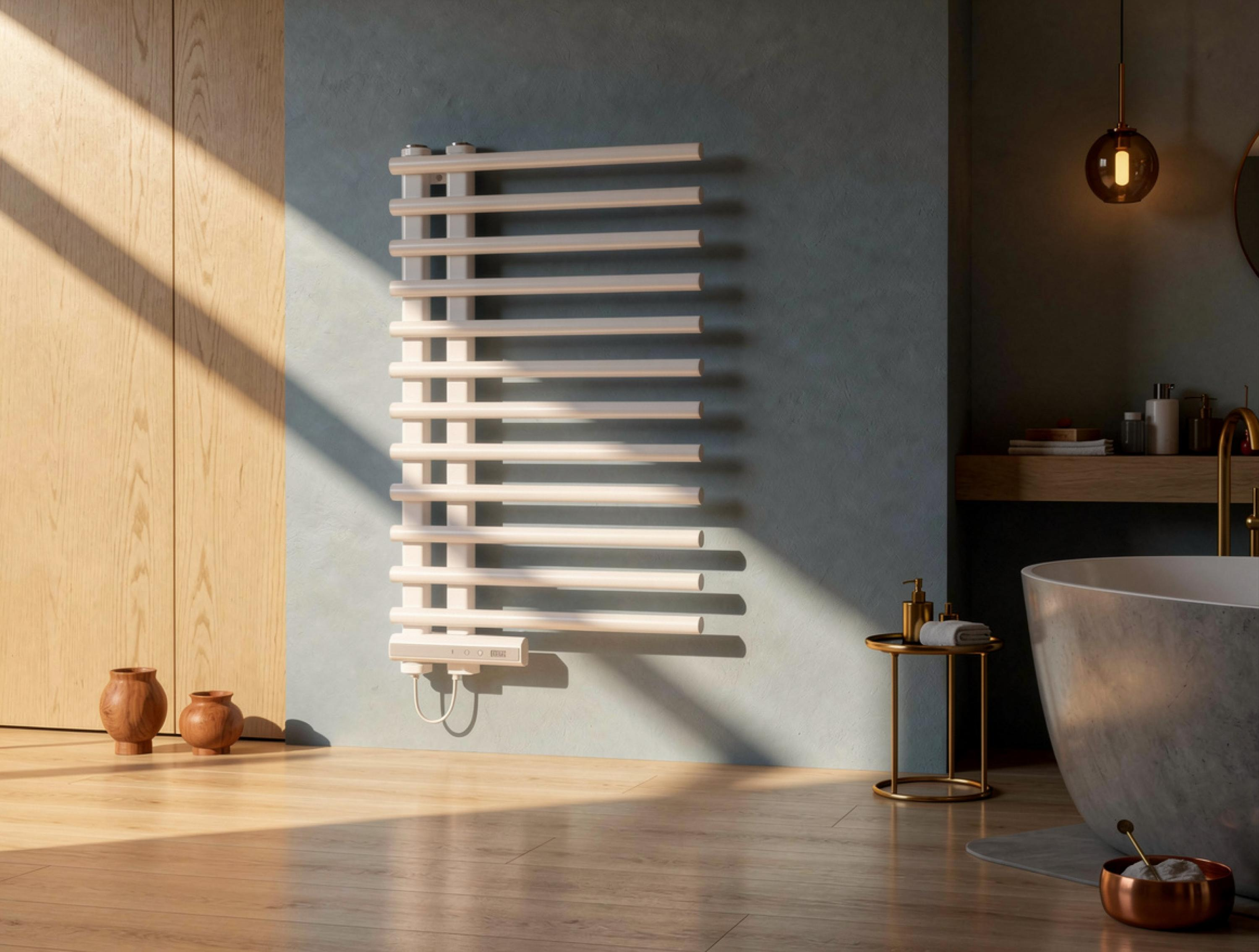 Un radiador con muebles de madera y bañera en un baño moderno.