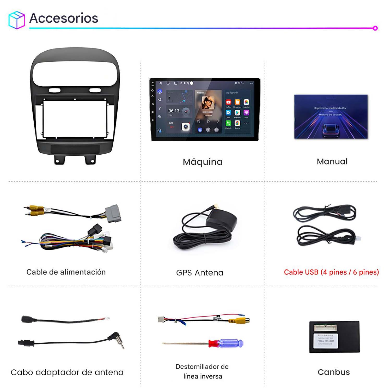 Accesorios coche: marco salpicadero, pantalla, manual, cables, antena GPS, cable USB, adaptador, destornillador, Canbus.