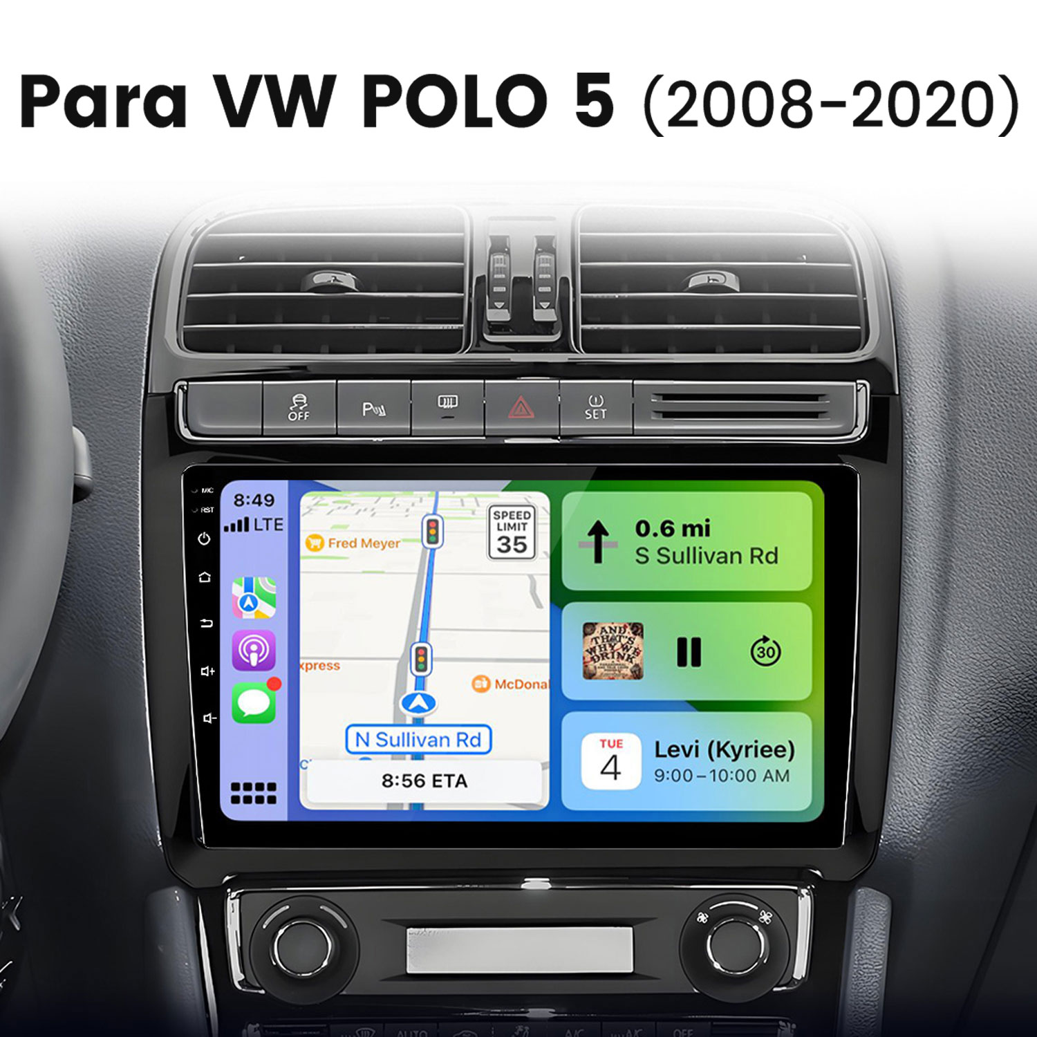 Salpicadero de coche con aplicaciones de navegación, música y calendario en pantalla.