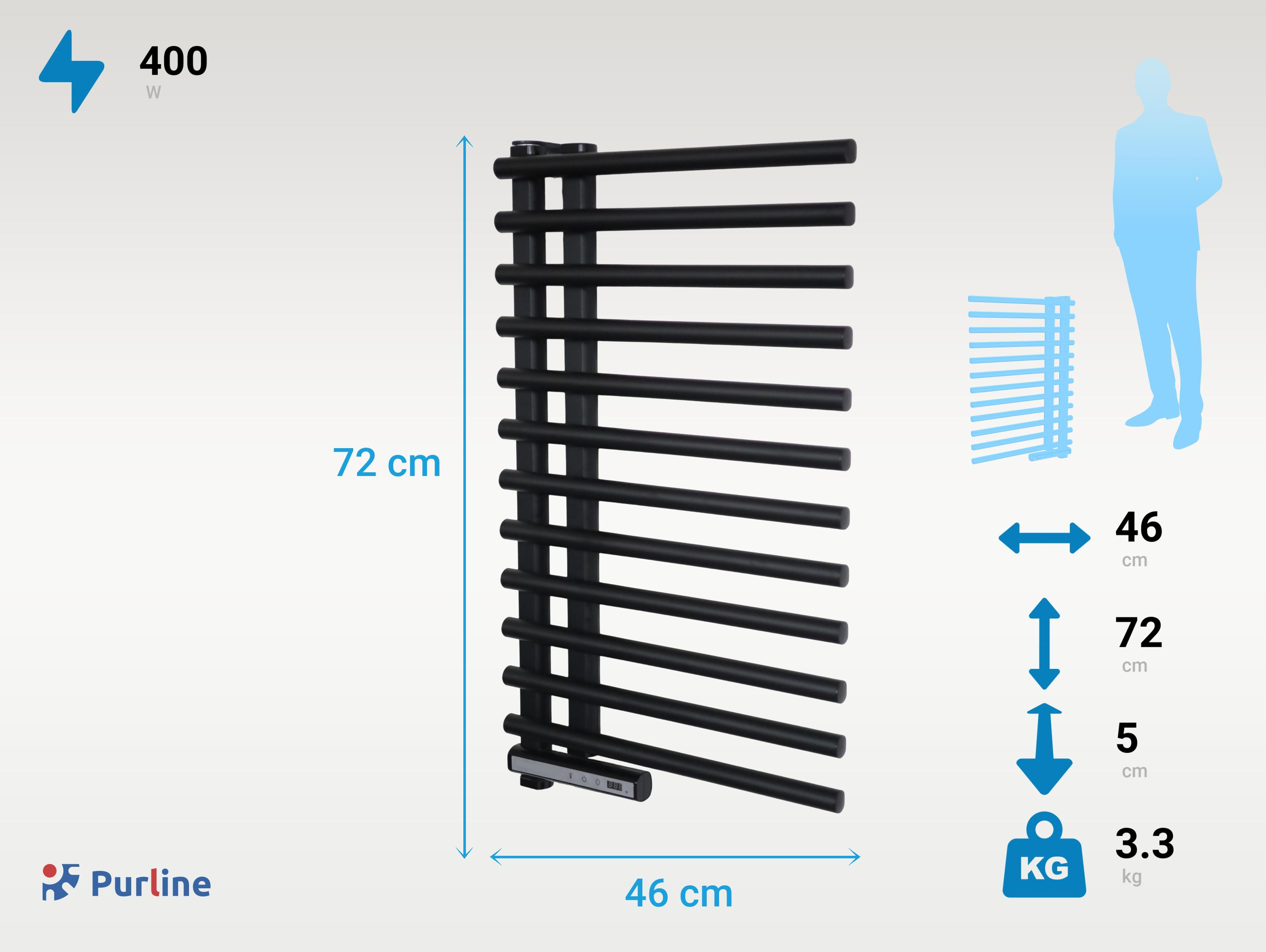 Secador de toallas negro: 400W, 72x46x5cm, 3.3kg.