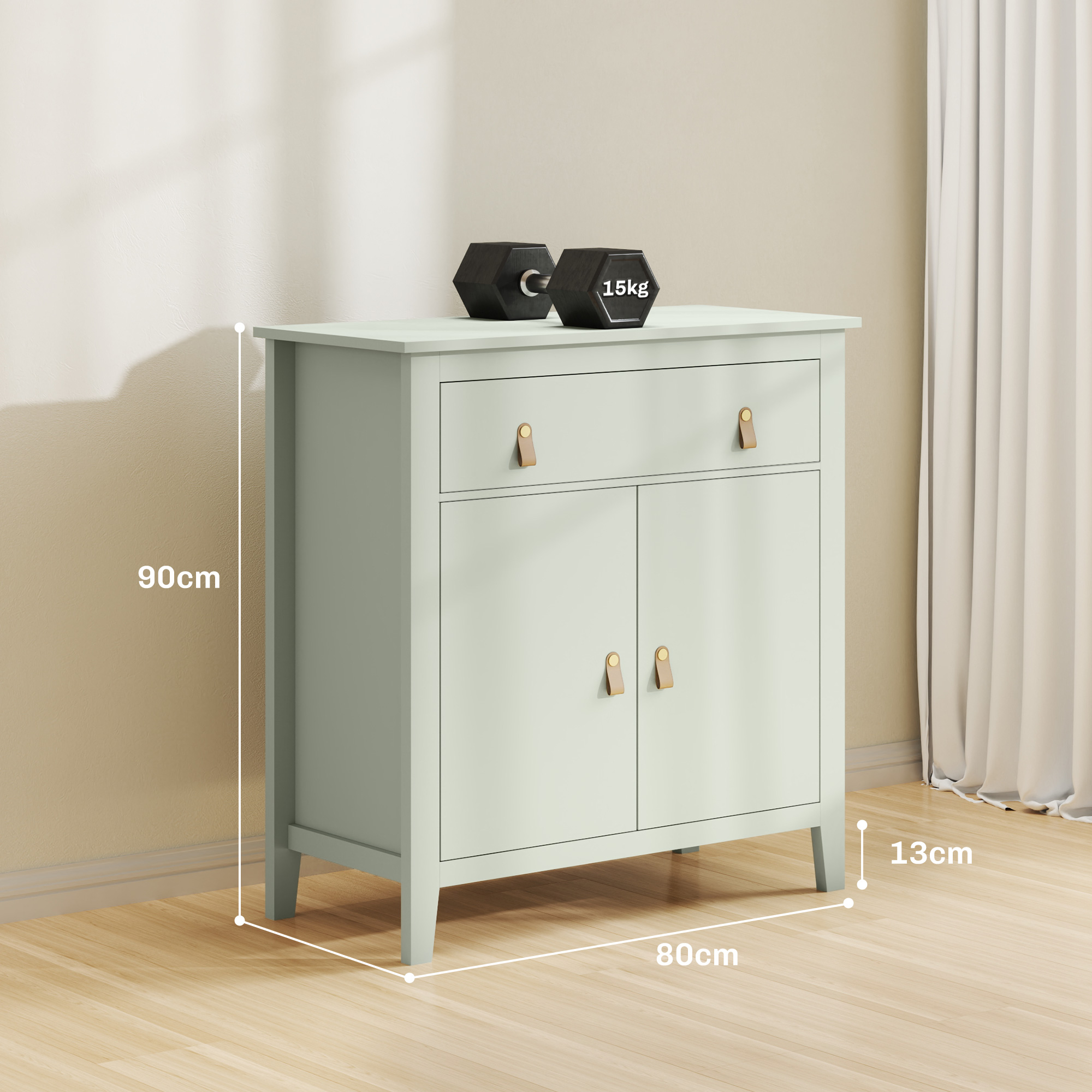 Un mueble verde claro con cajón y dos puertas está sobre un suelo de madera.