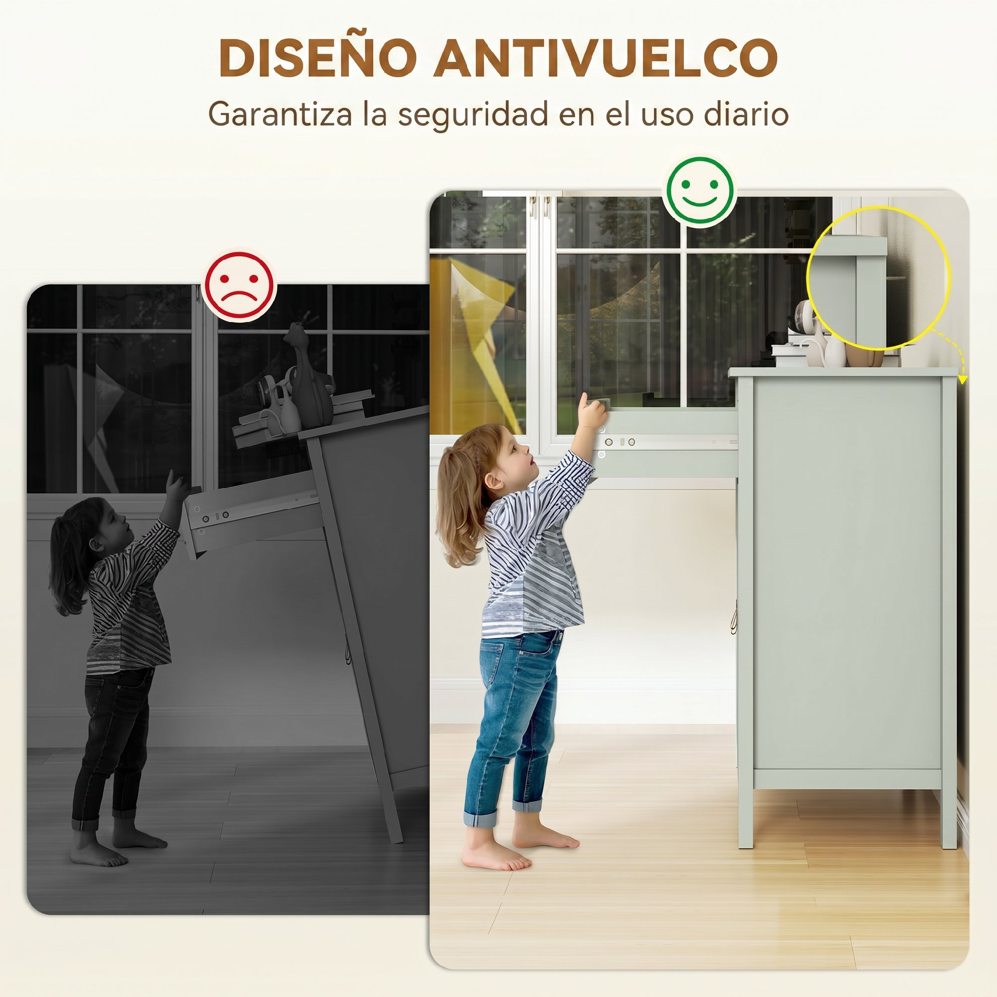 Una niña pequeña alcanza un mueble verde claro, marcado con una carita sonriente.