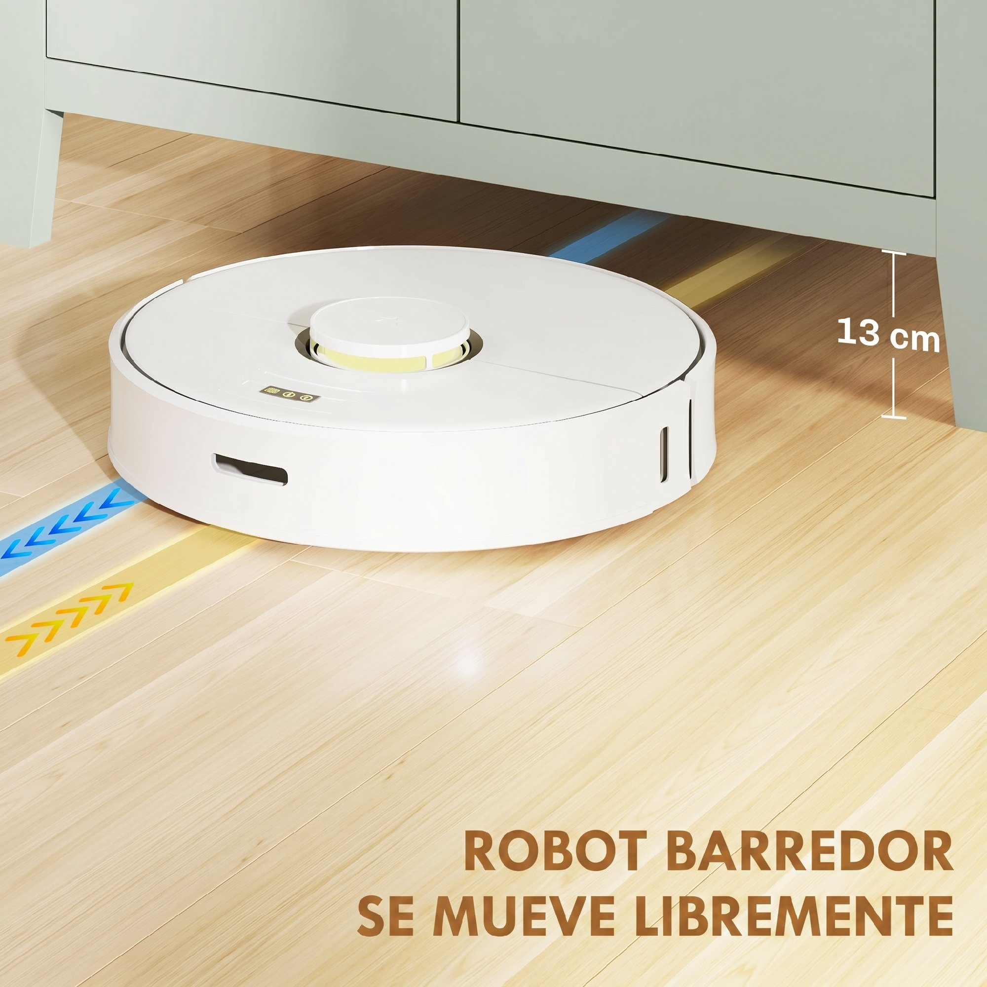 Un robot aspirador blanco se mueve sobre un suelo de madera bajo un mueble verde claro.