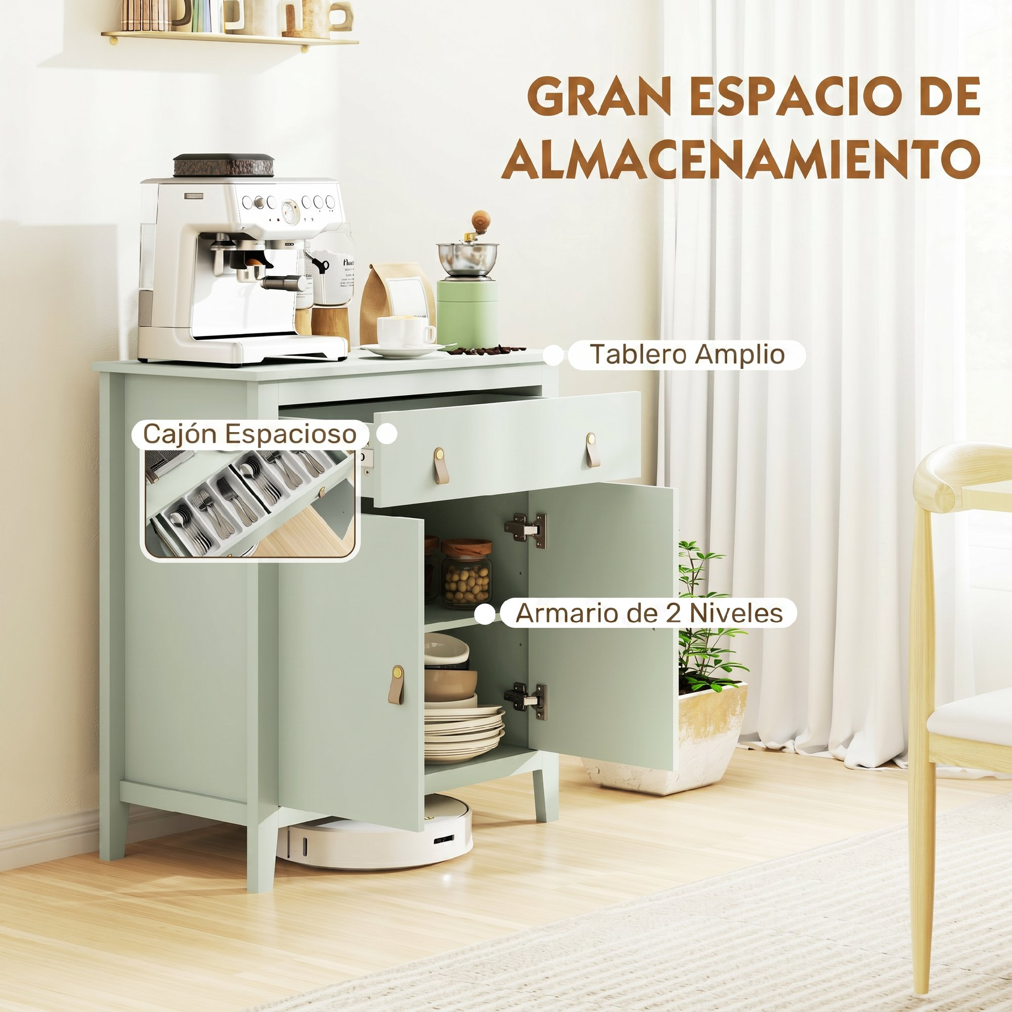 Un armario verde claro con cafetera, cajón, puertas abiertas y plantas.