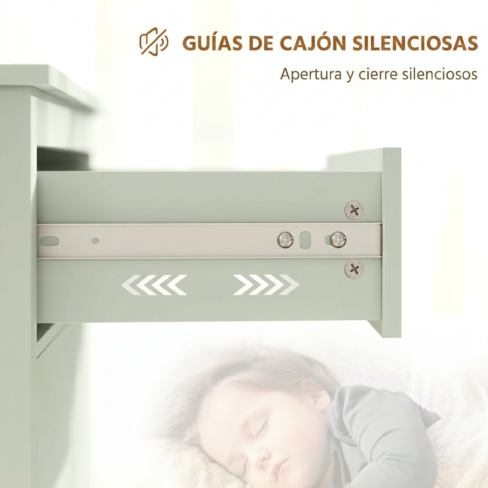 Un cajón con guías silenciosas, al lado un niño durmiendo.