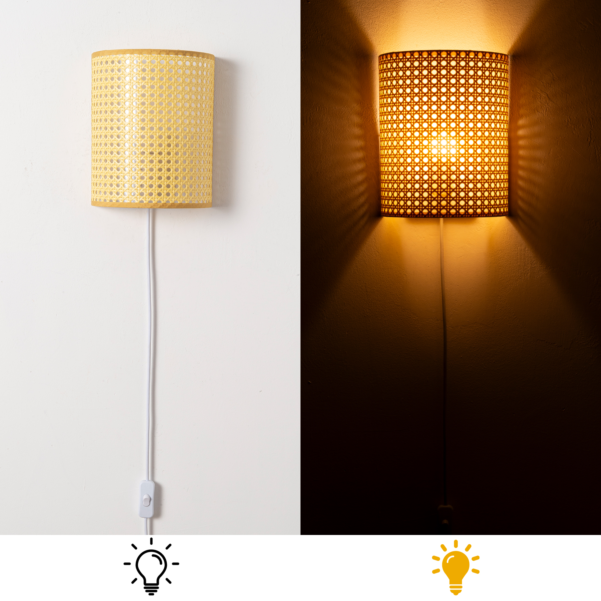 Lámpara de pared de ratán tejida, izquierda apagada, derecha encendida. Patrón de luz en pared.