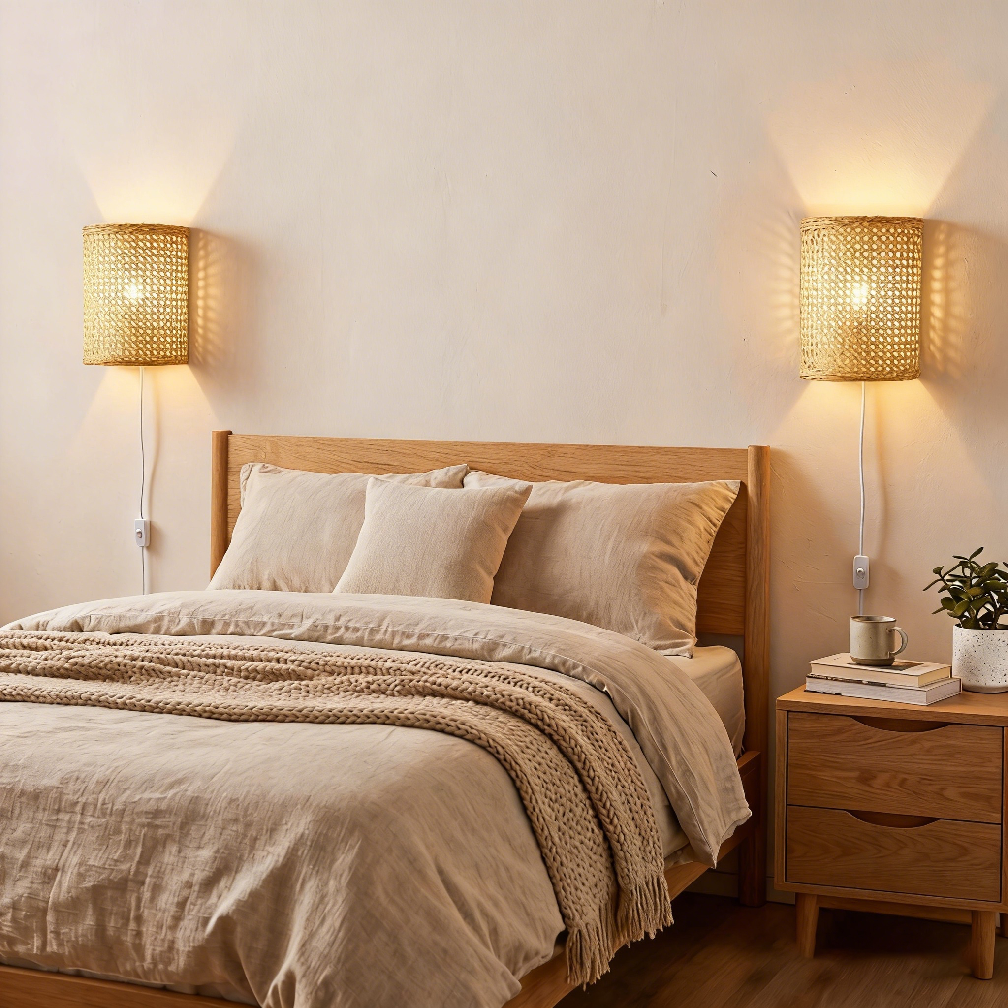 Una cama con cojines y manta, mesita de noche con lámpara y planta.