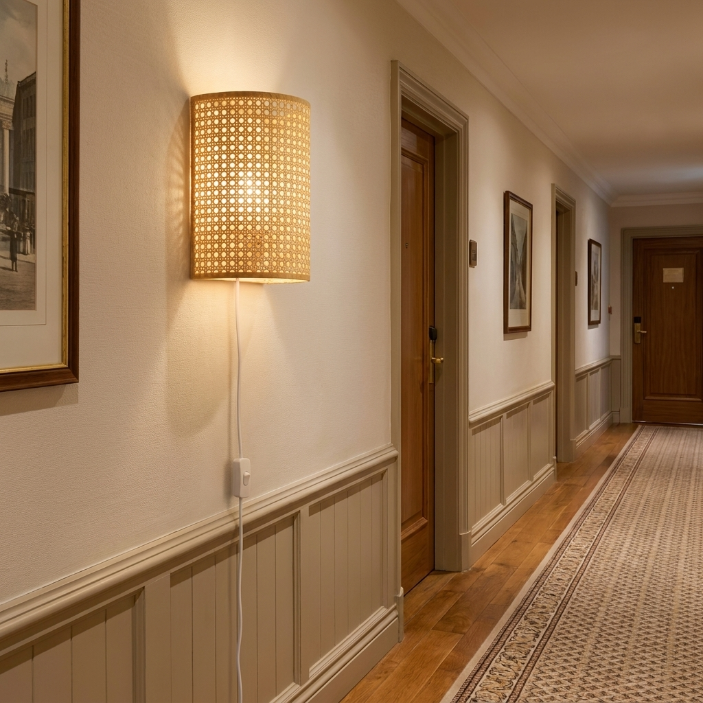 Una lámpara de pared de ratán ilumina un pasillo con puertas de madera y alfombra.