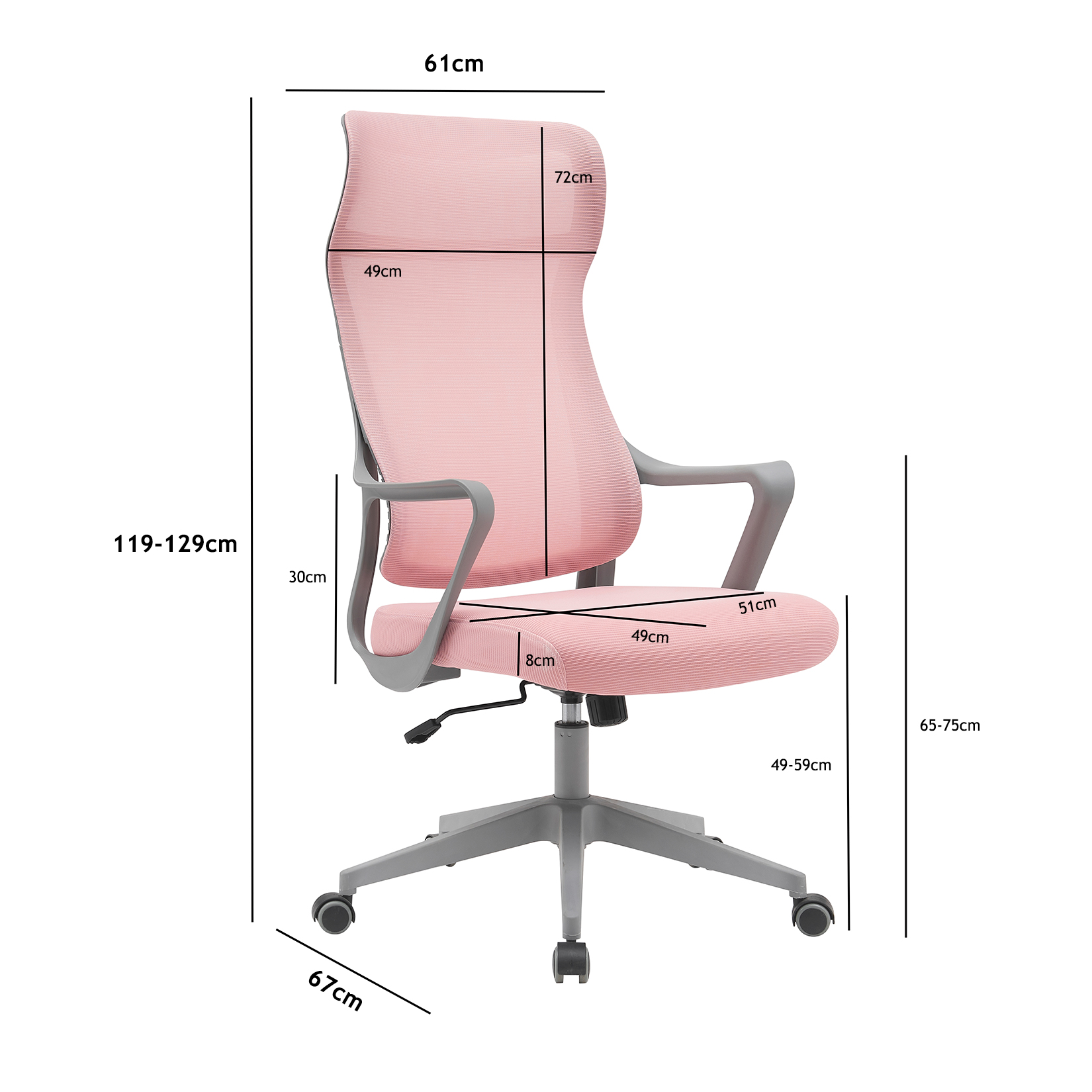 Silla de oficina ergonómica rosa con dimensiones.