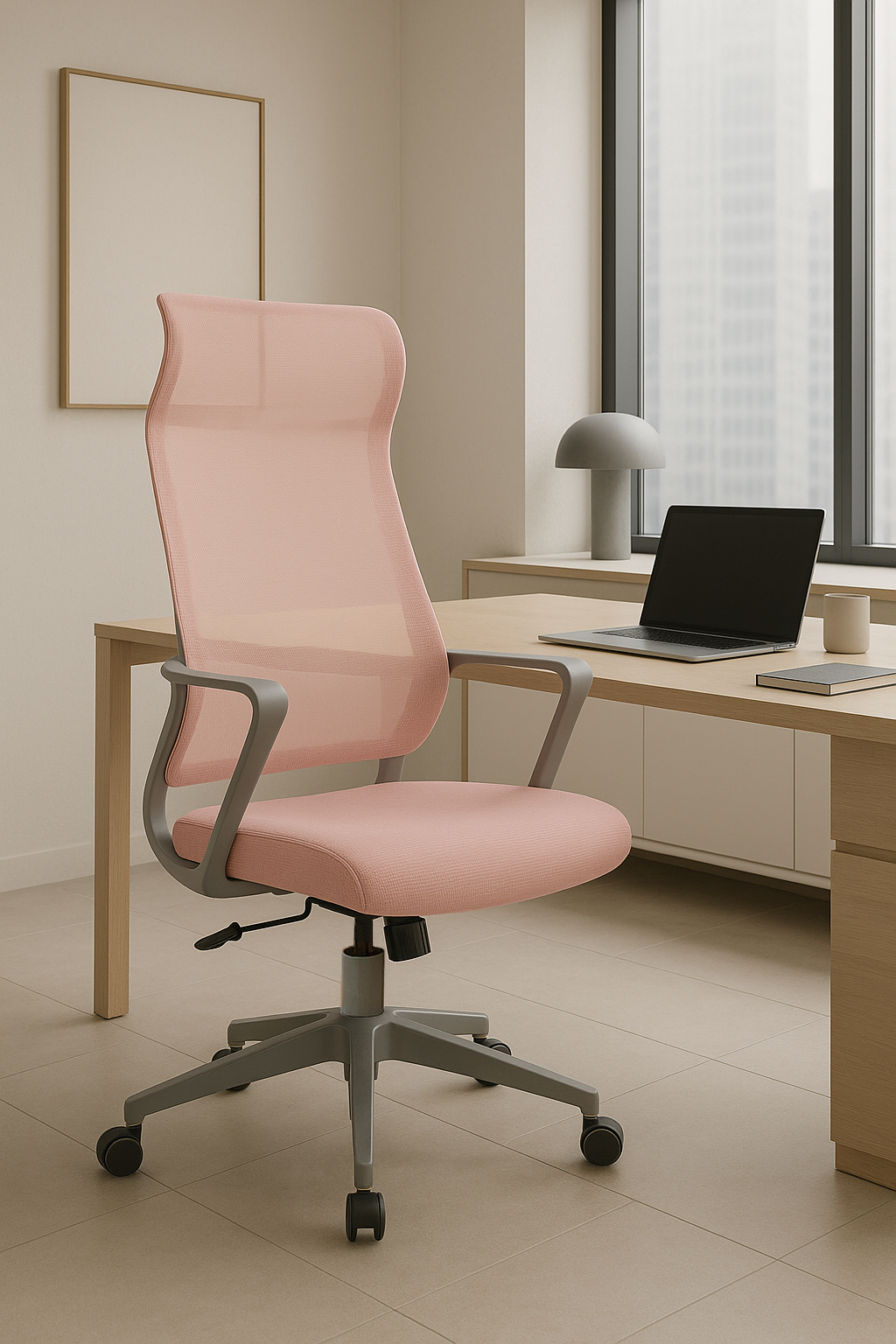 Una silla de oficina rosa con respaldo de malla frente a un escritorio con laptop.