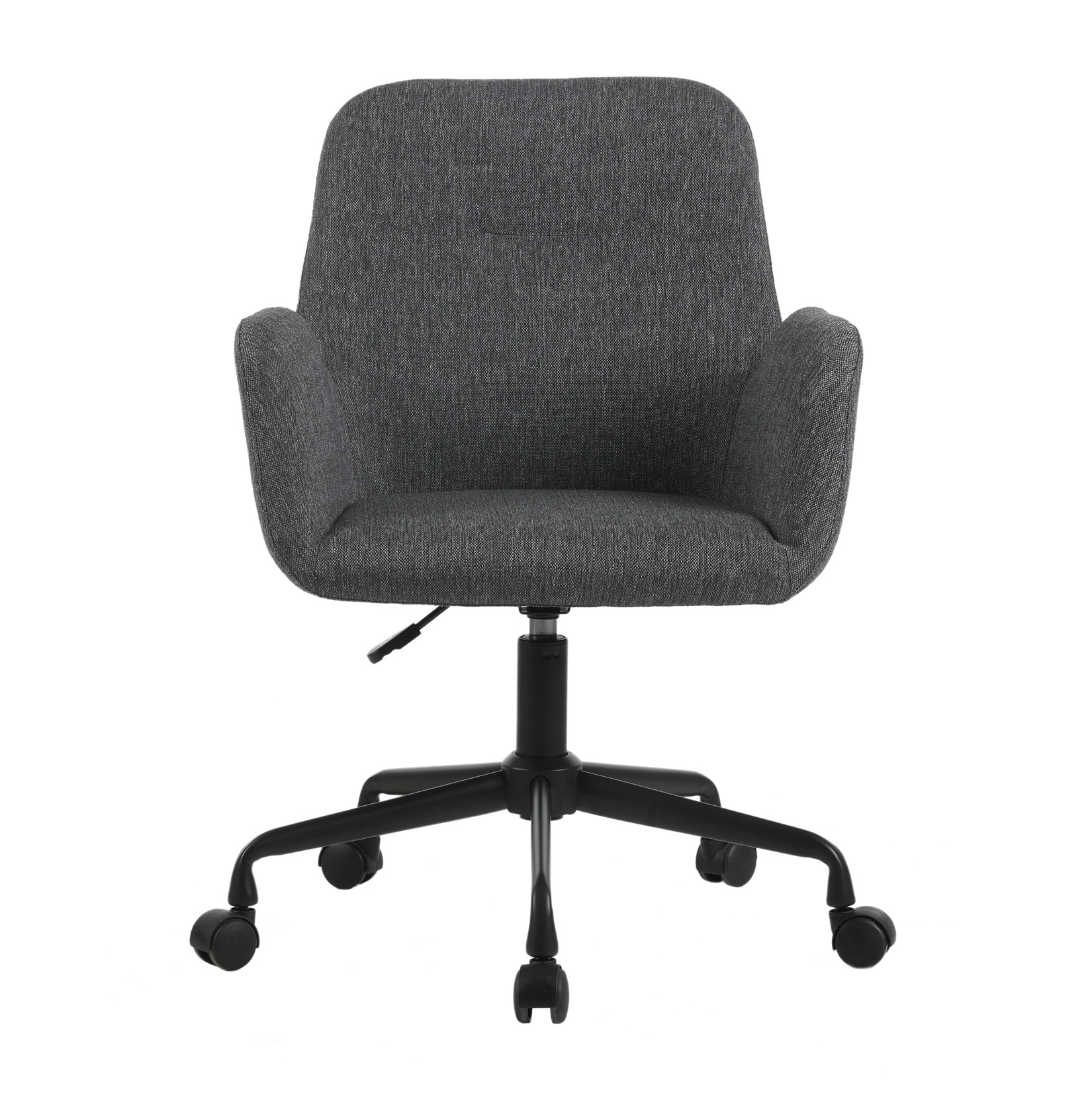 Una silla de oficina de tela gris con base y ruedas negras.