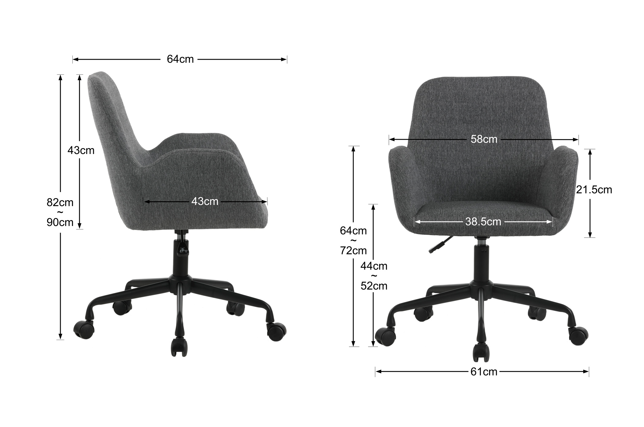 Silla de oficina gris con dimensiones: 64cm ancho, 90cm alto, 43cm profundo.