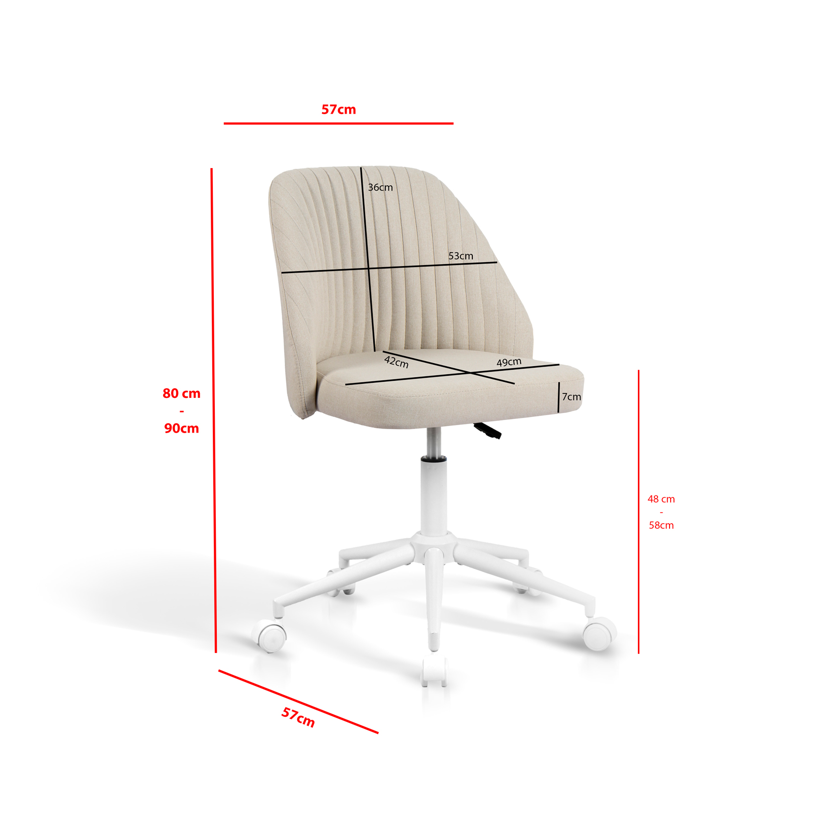 Silla tapizada beige con ruedas. Se indican las dimensiones.