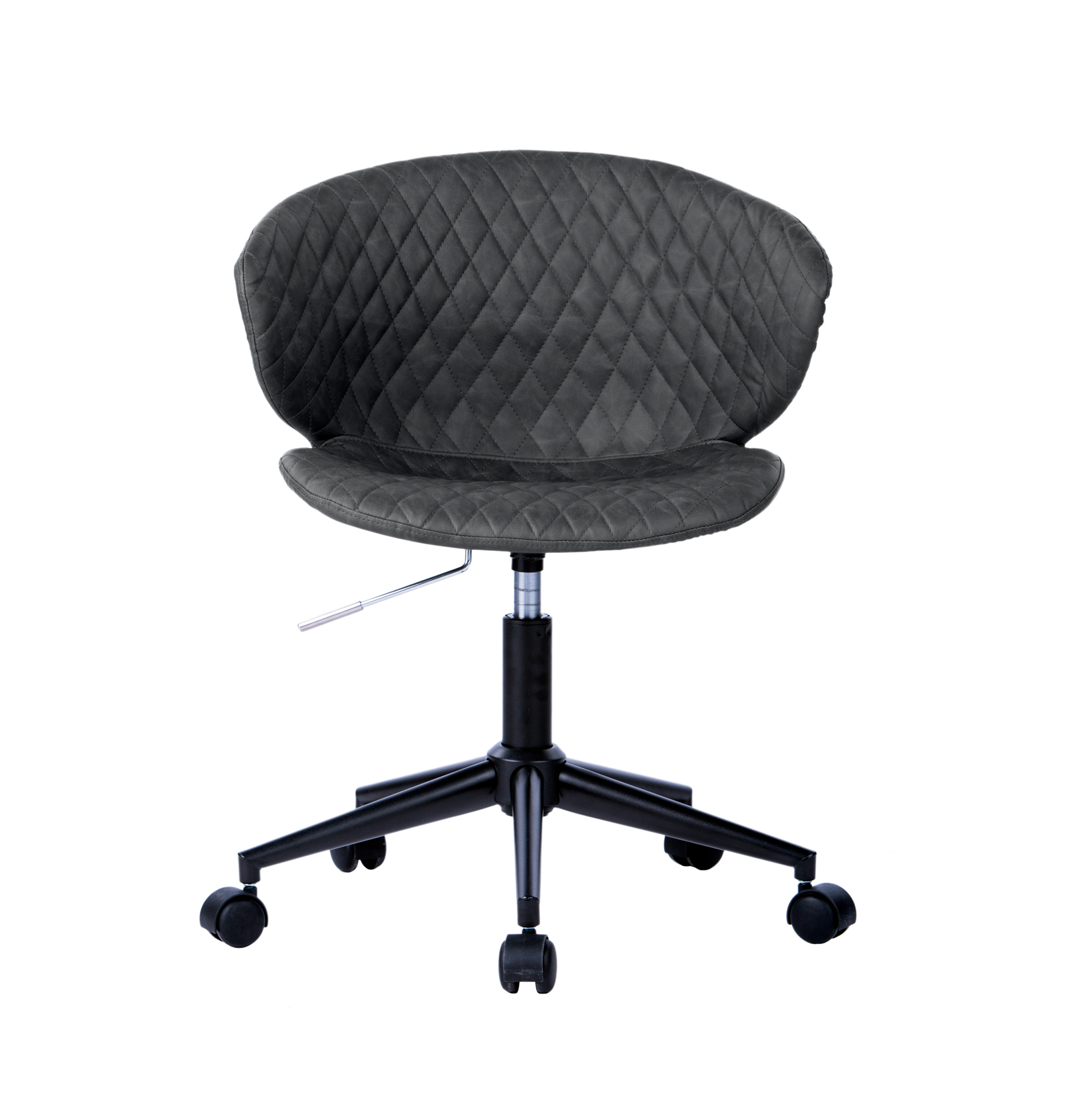 Una silla de oficina gris oscura acolchada con ruedas.