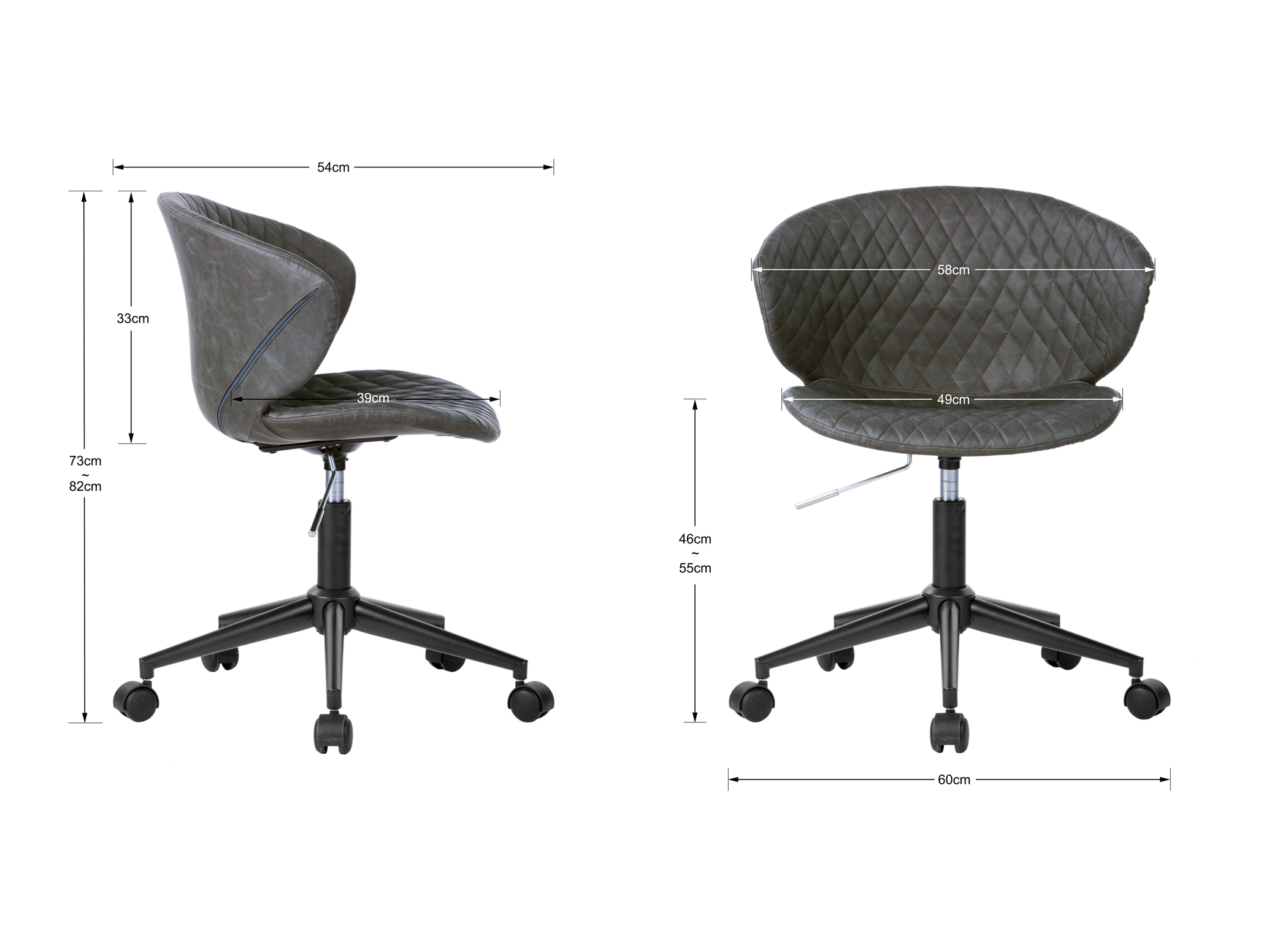 Silla de oficina gris con ruedas y dimensiones.