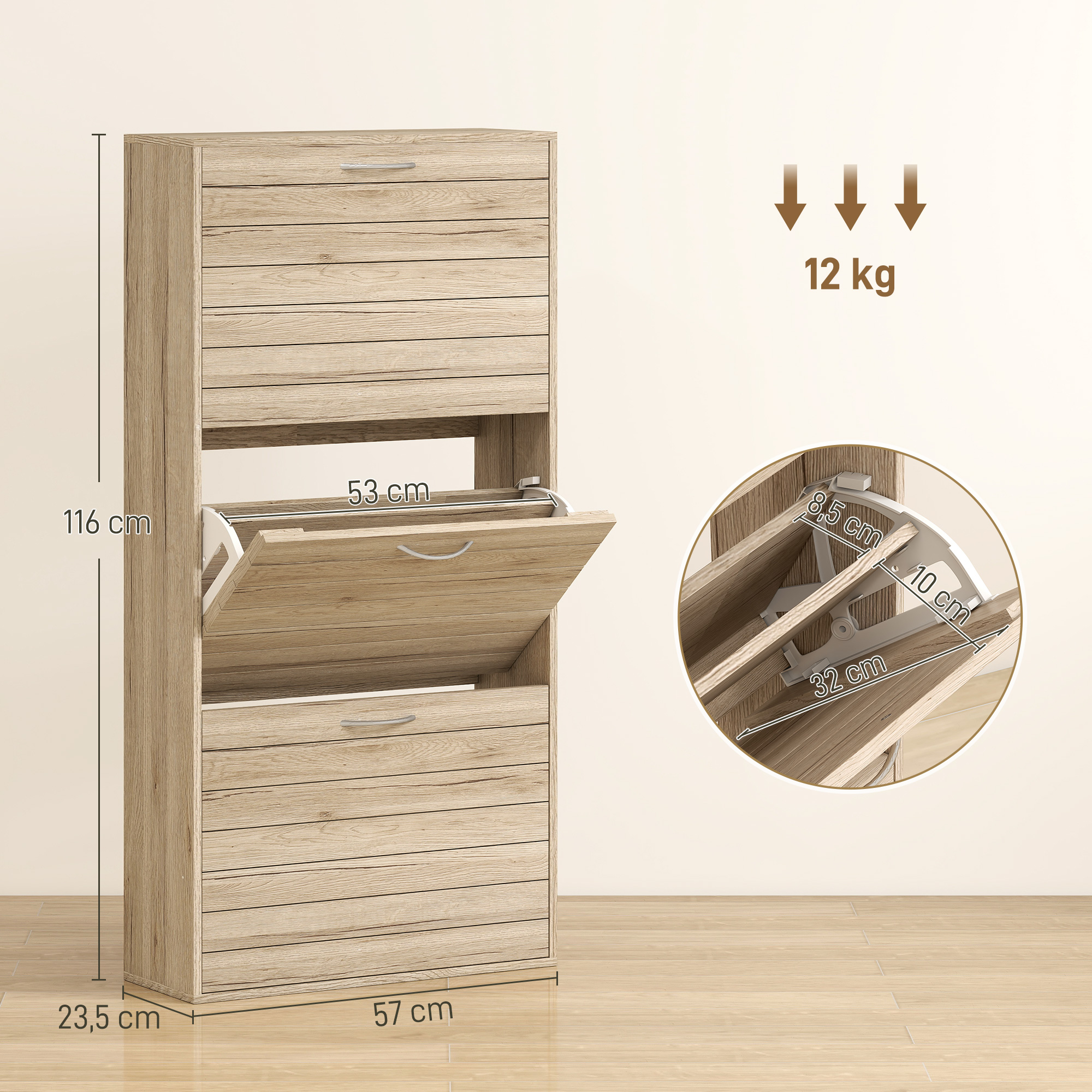 Mueble zapatero de madera con cuatro cajones, una puerta abatible y medidas.