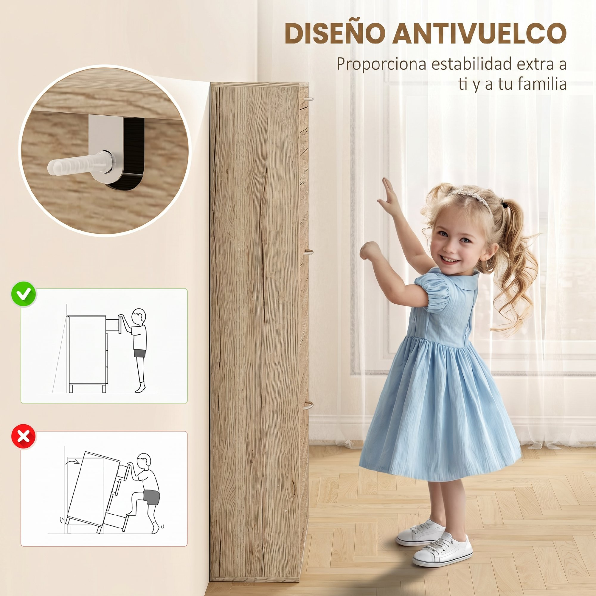 Niña con vestido azul junto a un armario de madera con protección antivuelco.