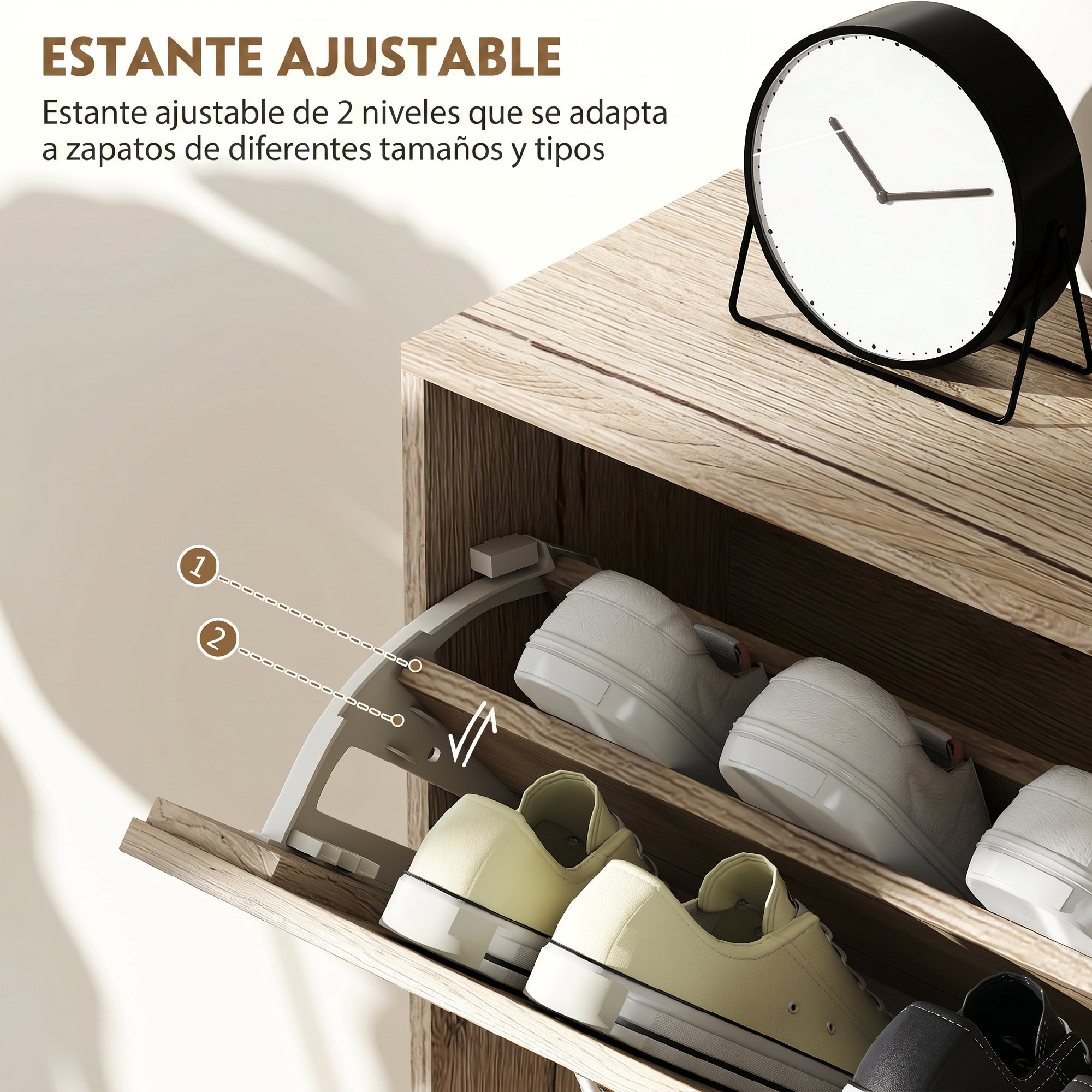 Un zapatero ajustable de 2 niveles con zapatos blancos y amarillos. Un reloj encima.