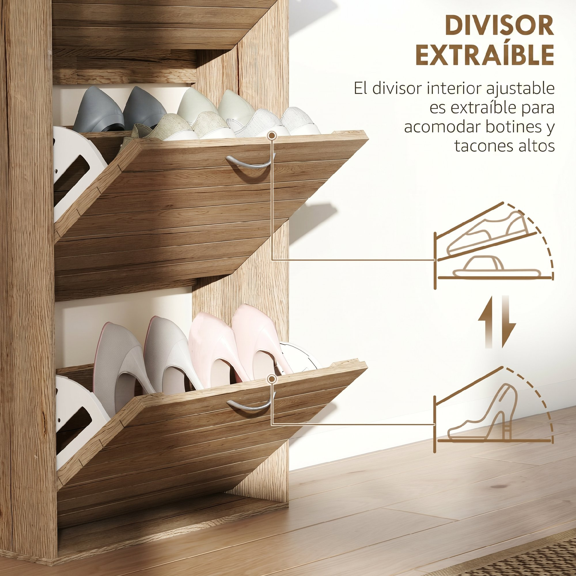 Zapatero de madera con compartimentos extraíbles para zapatos y tacones.