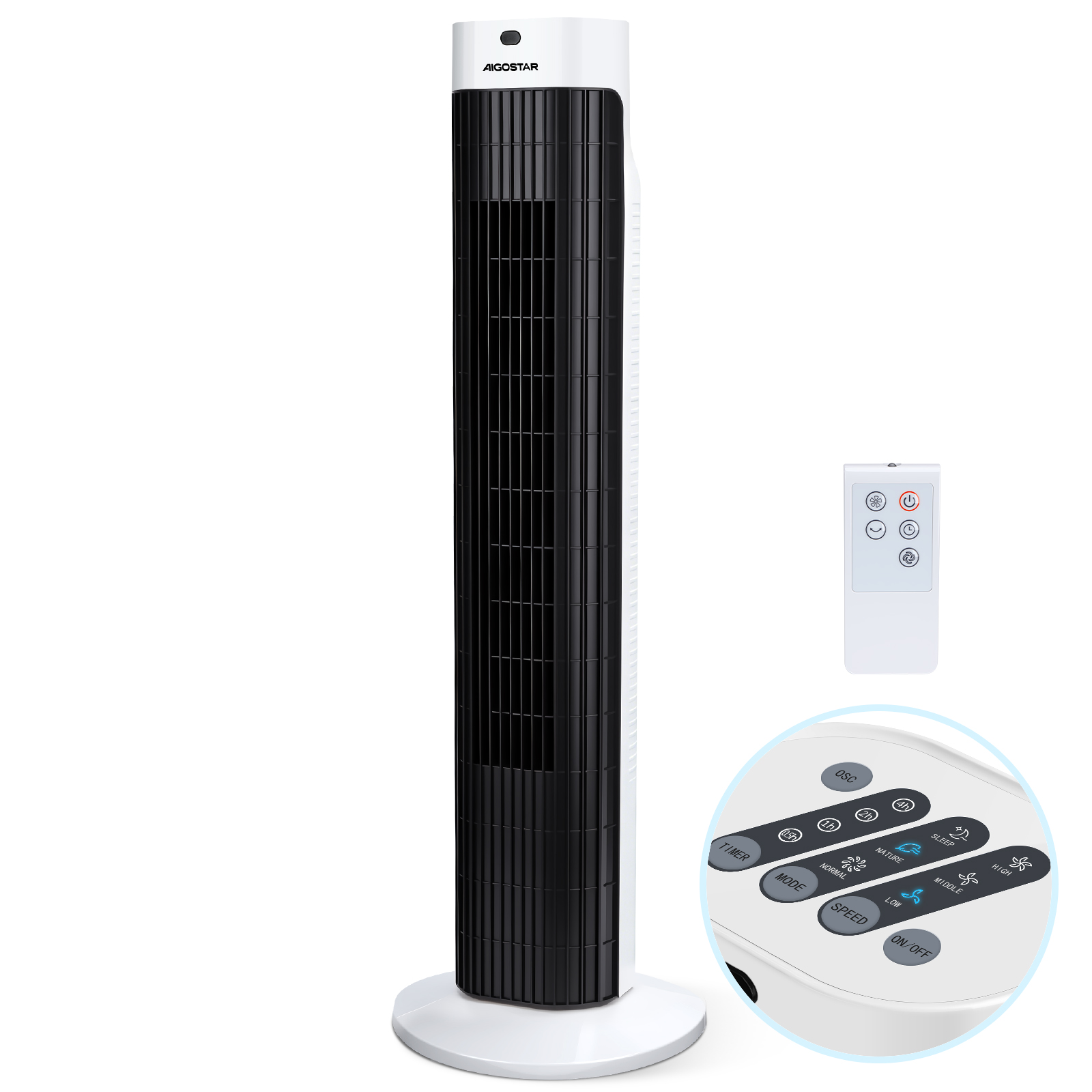 Un ventilador de torre delgado, blanco y negro con mando a distancia.