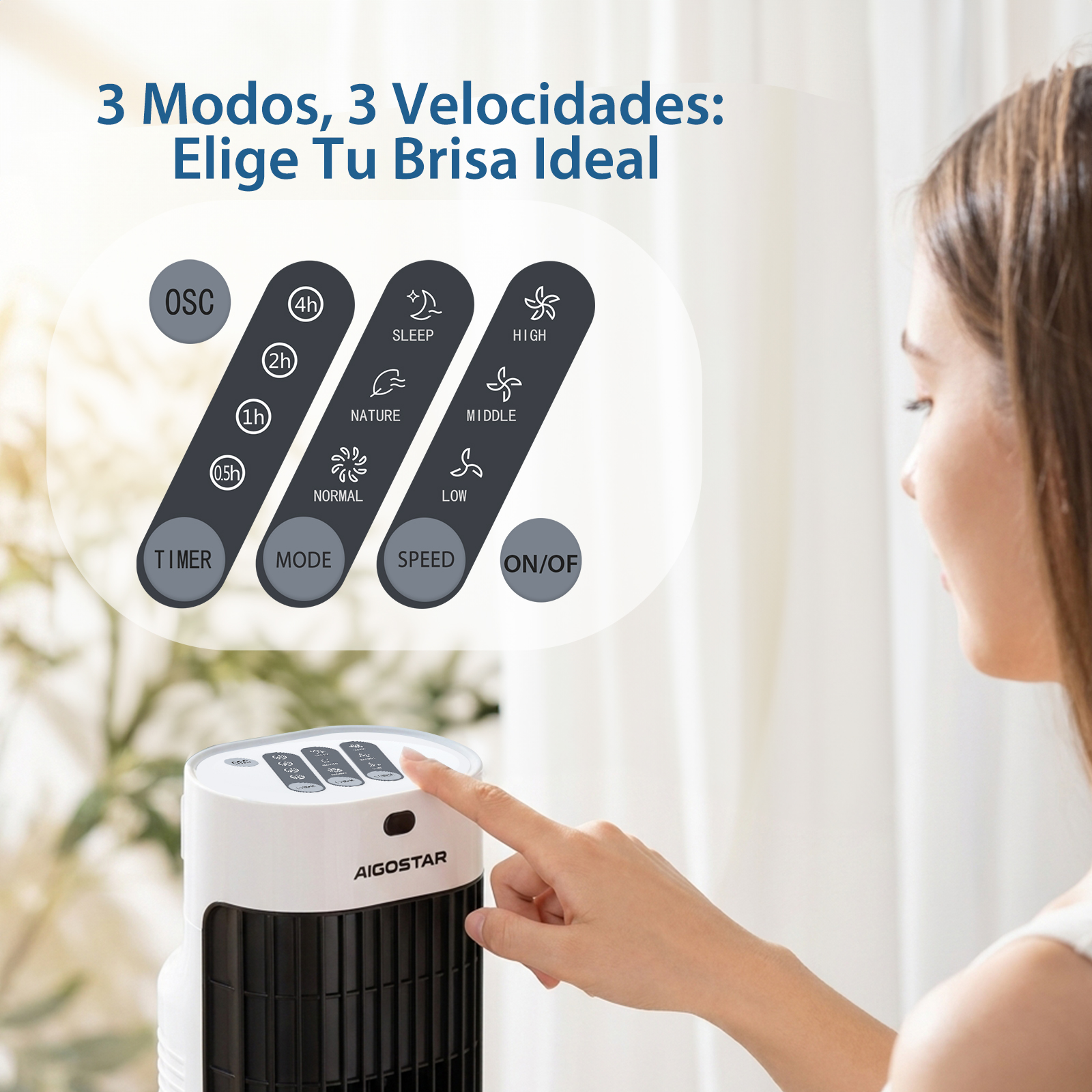Una mujer toca el panel de control de un ventilador de torre con opciones de temporizador, modo y velocidad.