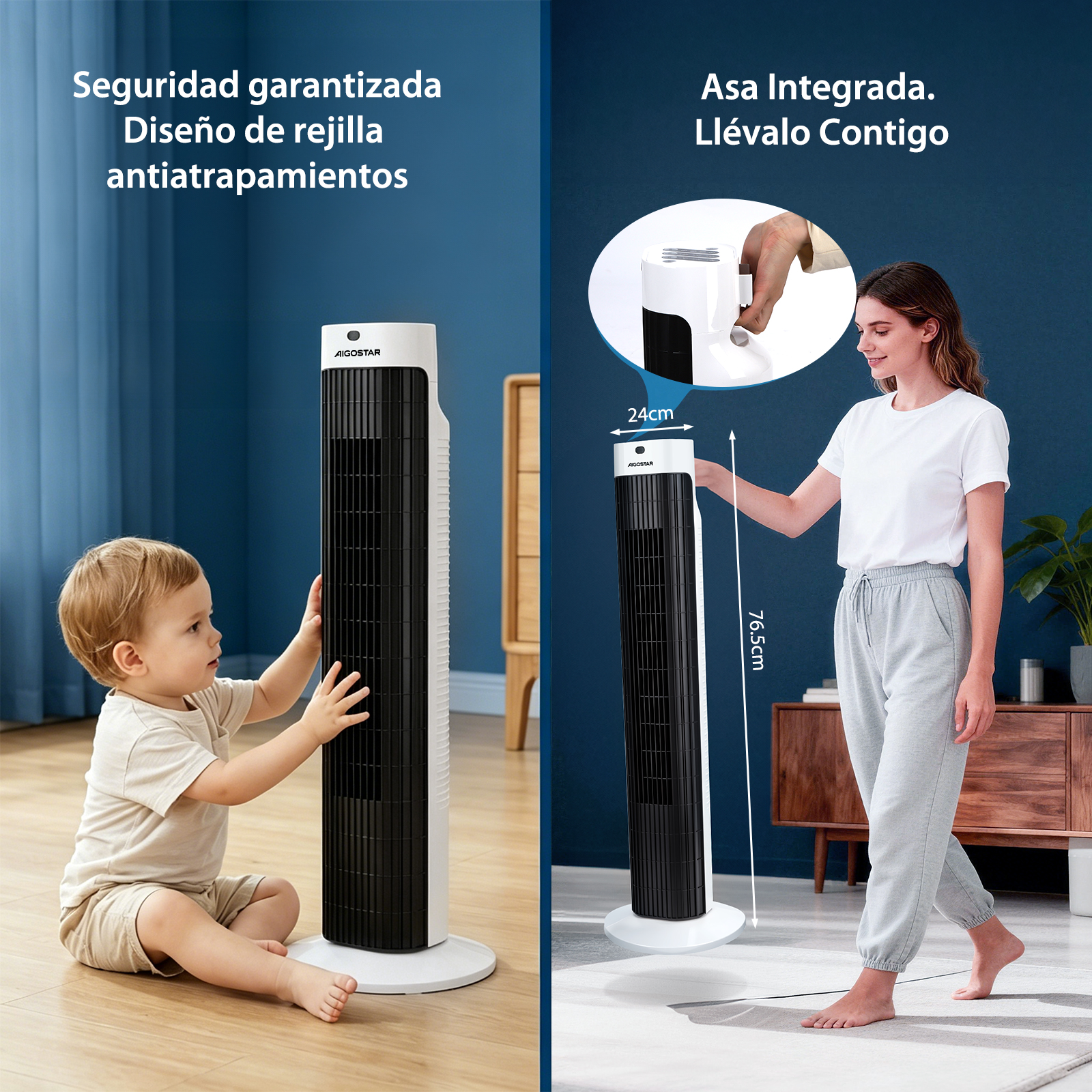 Un bebé y una mujer junto a un ventilador de torre blanco y negro.