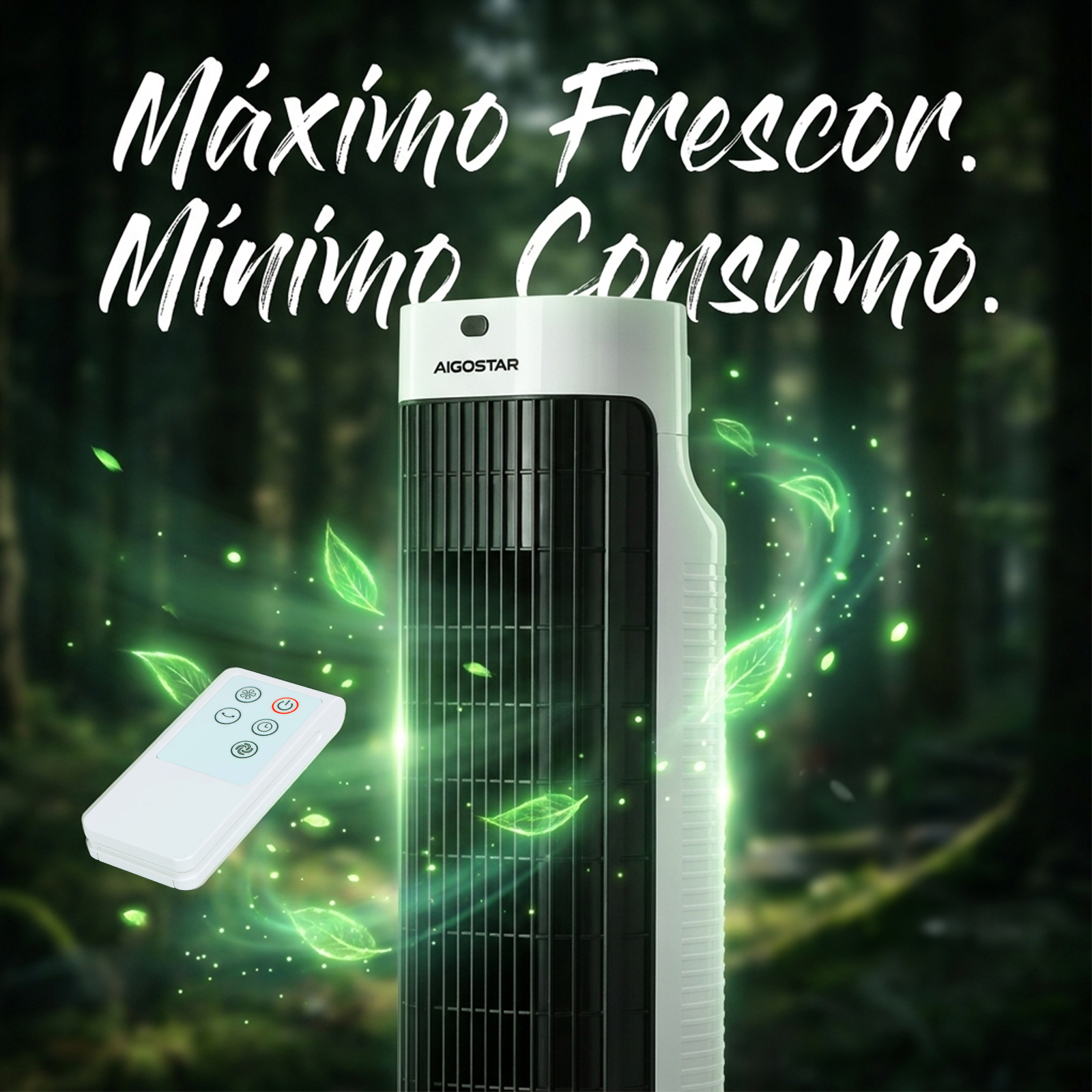 Un ventilador de torre blanco con control remoto, rodeado de hojas verdes y partículas.