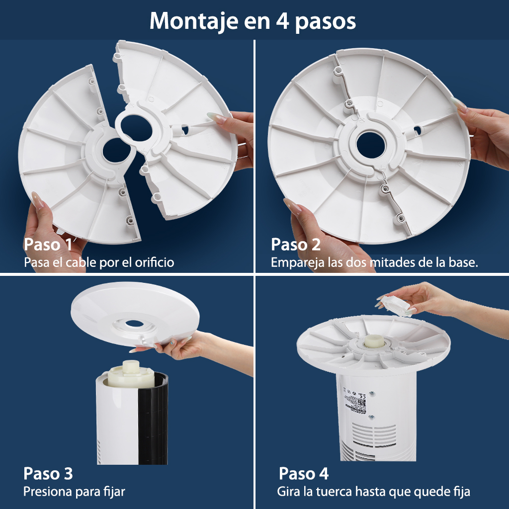 Montaje en 4 pasos: pasar cable, unir mitades base, presionar pieza, girar tuerca.