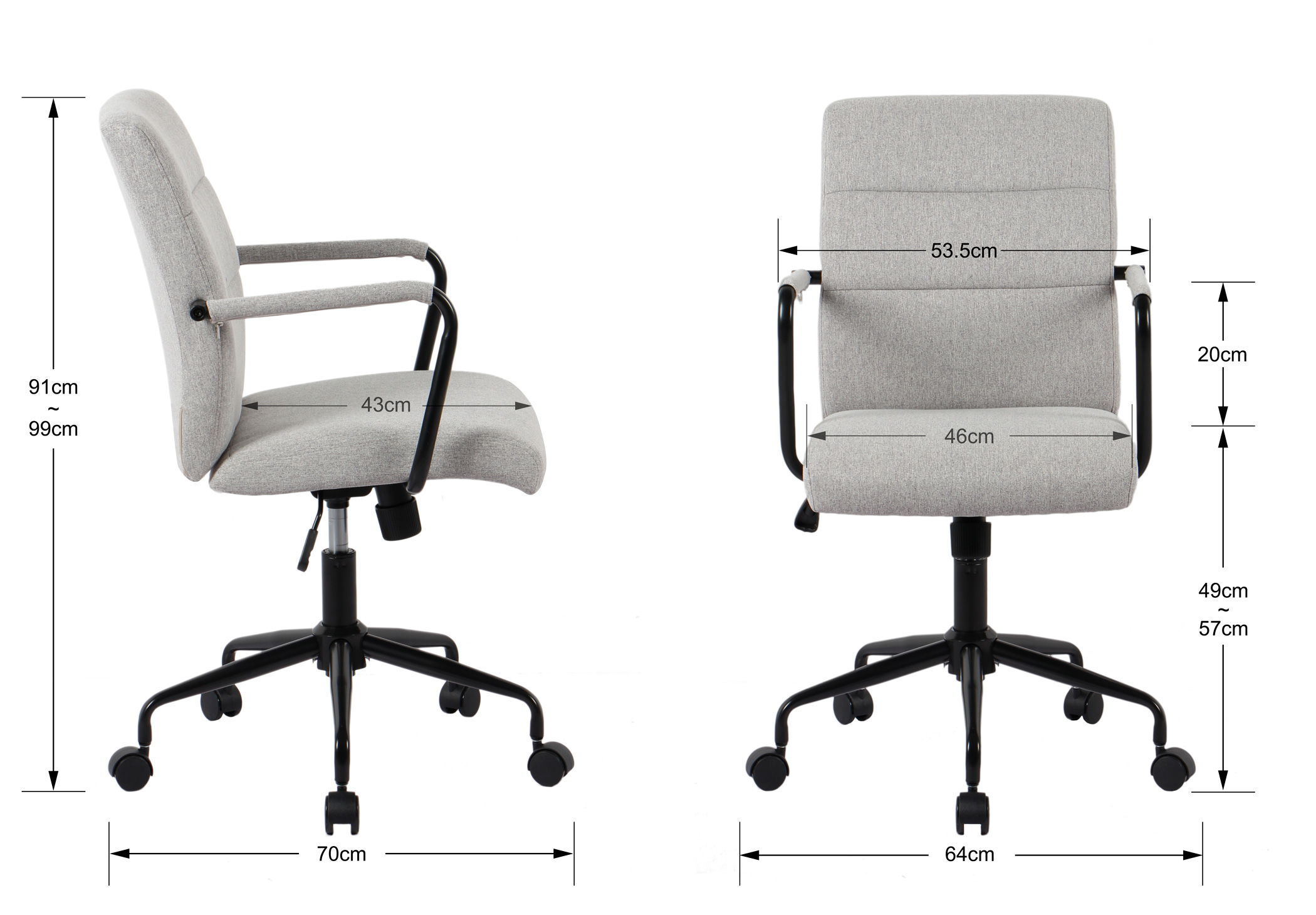 Silla de oficina gris con ruedas y reposabrazos, se muestran dimensiones.