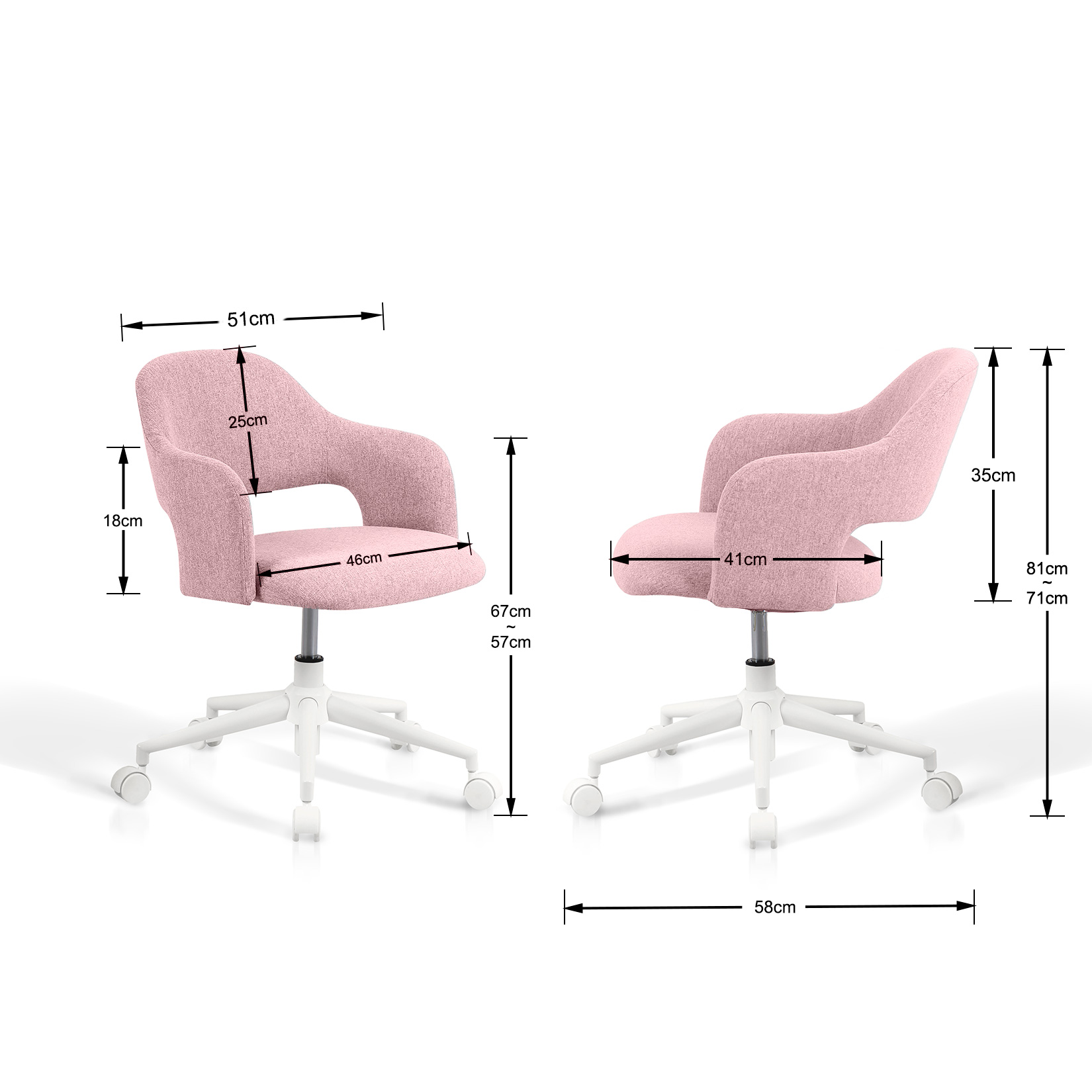 Dos sillas de oficina rosas con ruedas blancas y dimensiones.