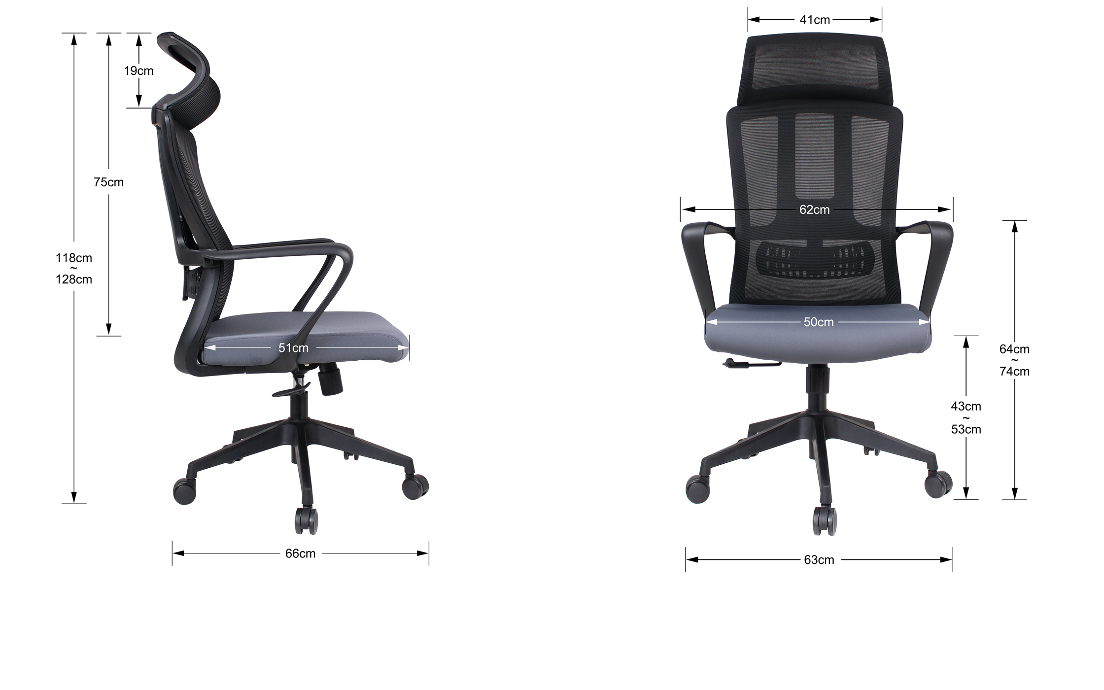 Una silla de oficina negra con asiento gris, se indican las medidas.