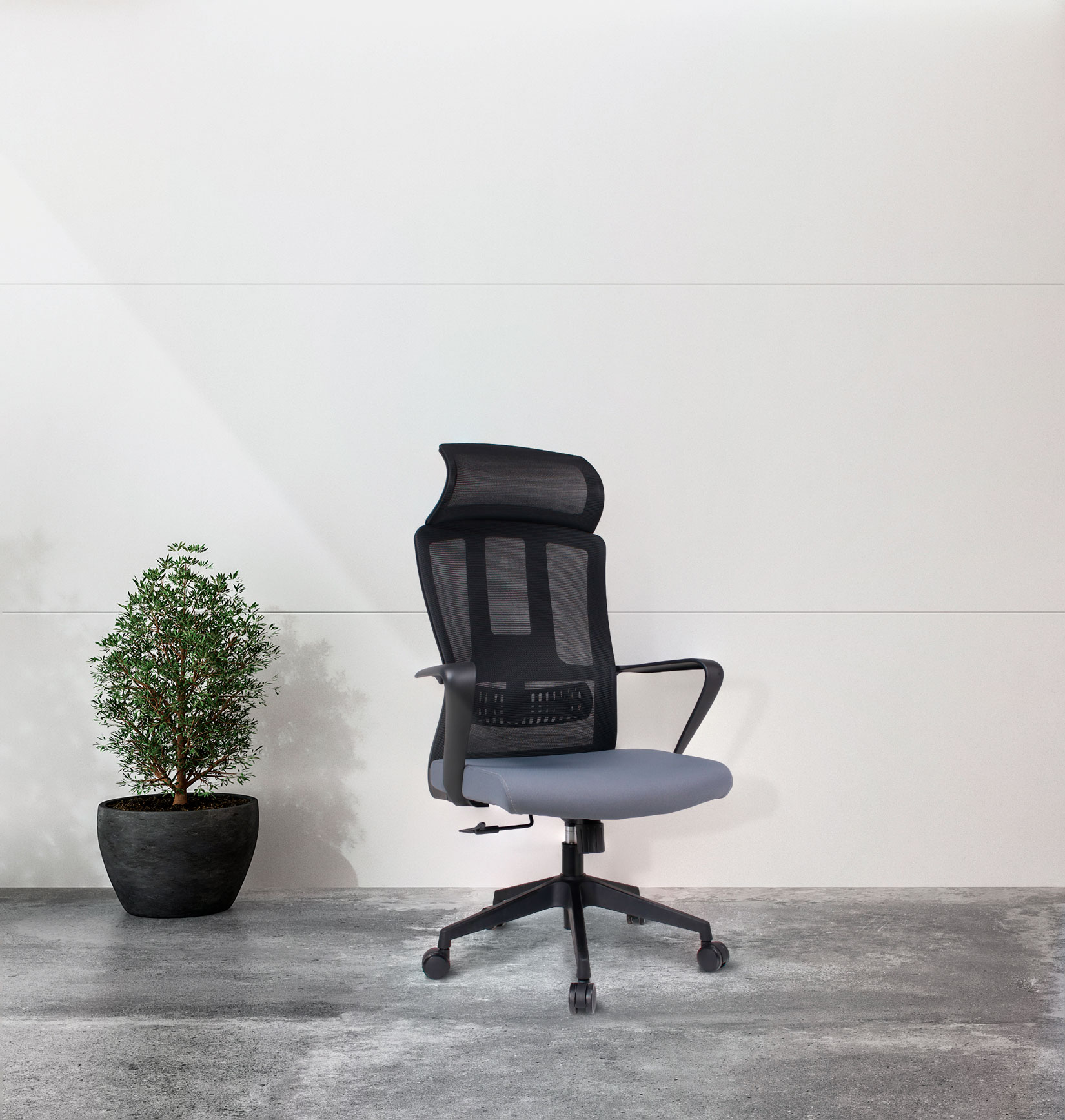 Una silla de oficina negra con respaldo de malla junto a una planta verde en maceta.
