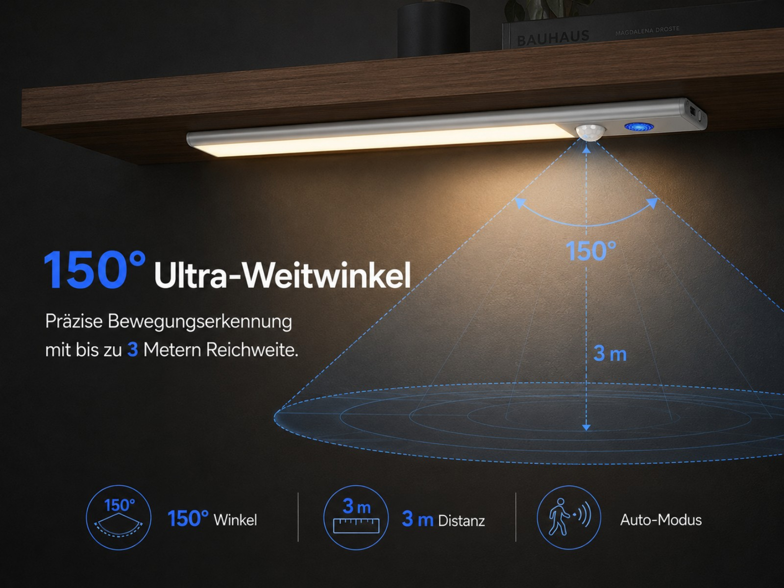 LED-Leiste mit 150° Erfassungswinkel und 3m Reichweite, ideal für Schränke.