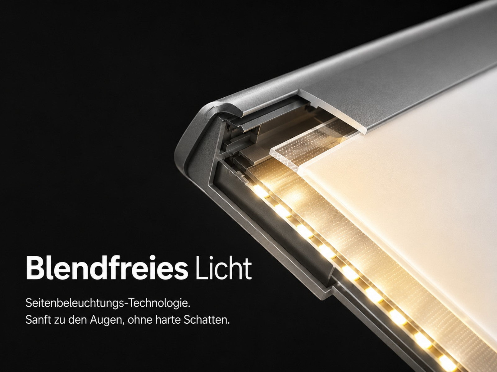 Ein Querschnitt zeigt eine silberne Leuchte mit LED-Streifen für blendfreies Licht.