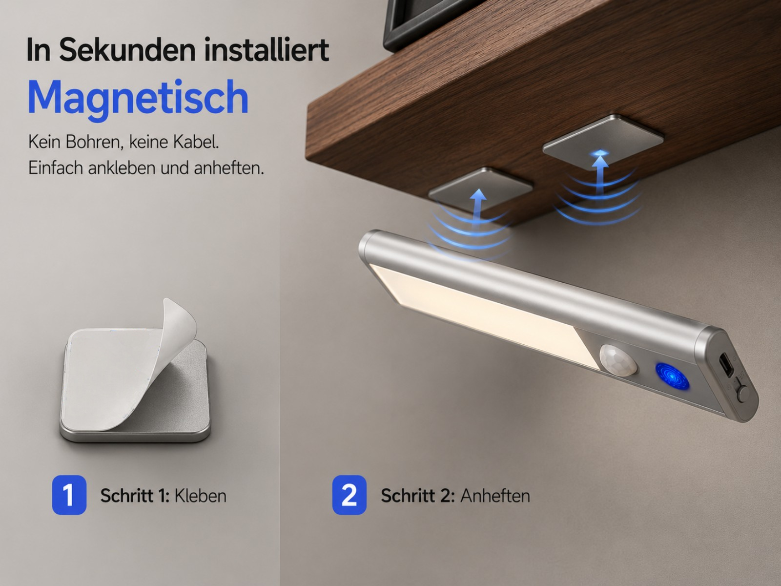 Ein magnetisches LED-Licht wird an einer Holzablage befestigt.