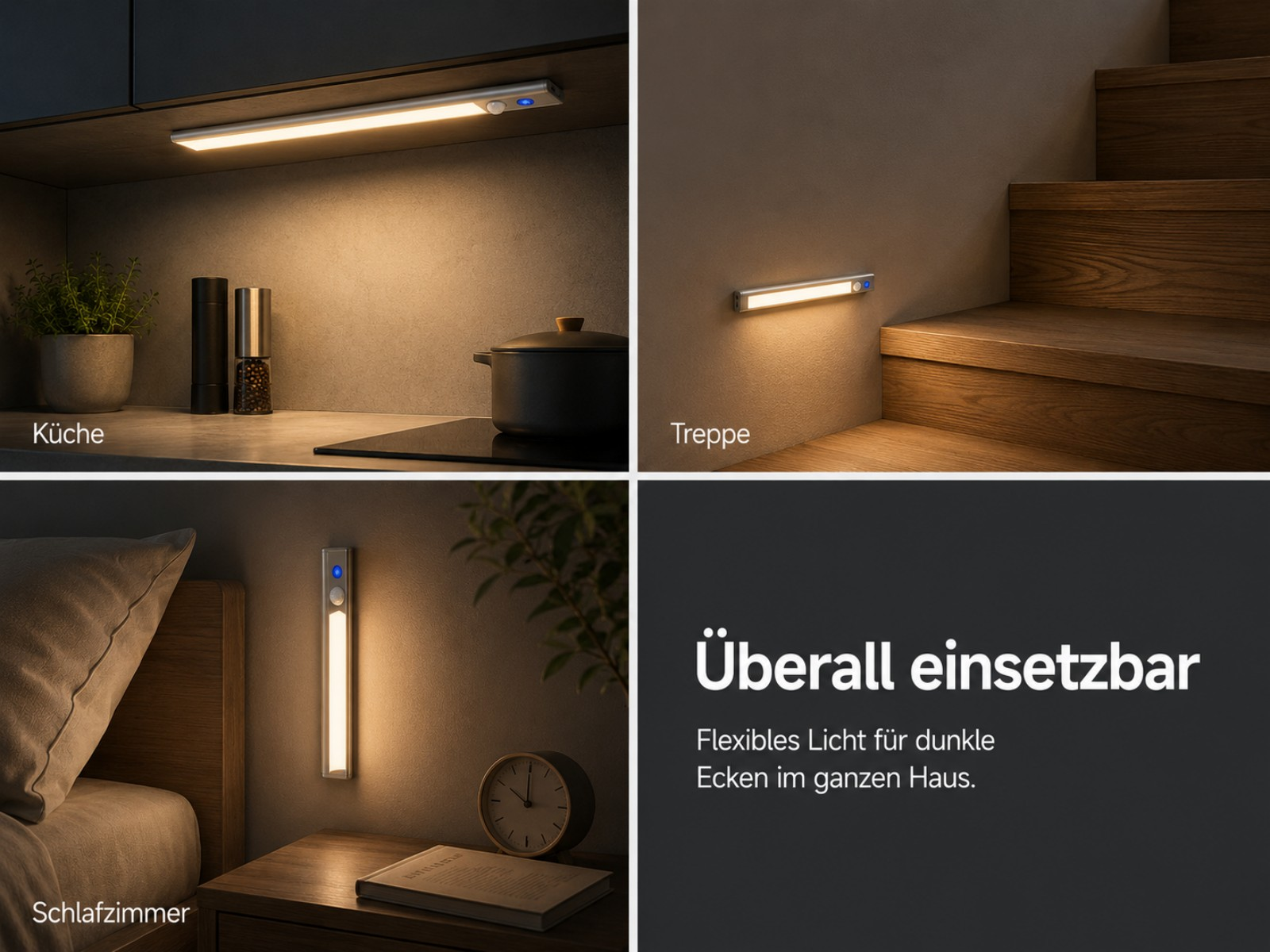 Ein Lichtstreifen beleuchtet eine Küche, Treppe und Schlafzimmer.
