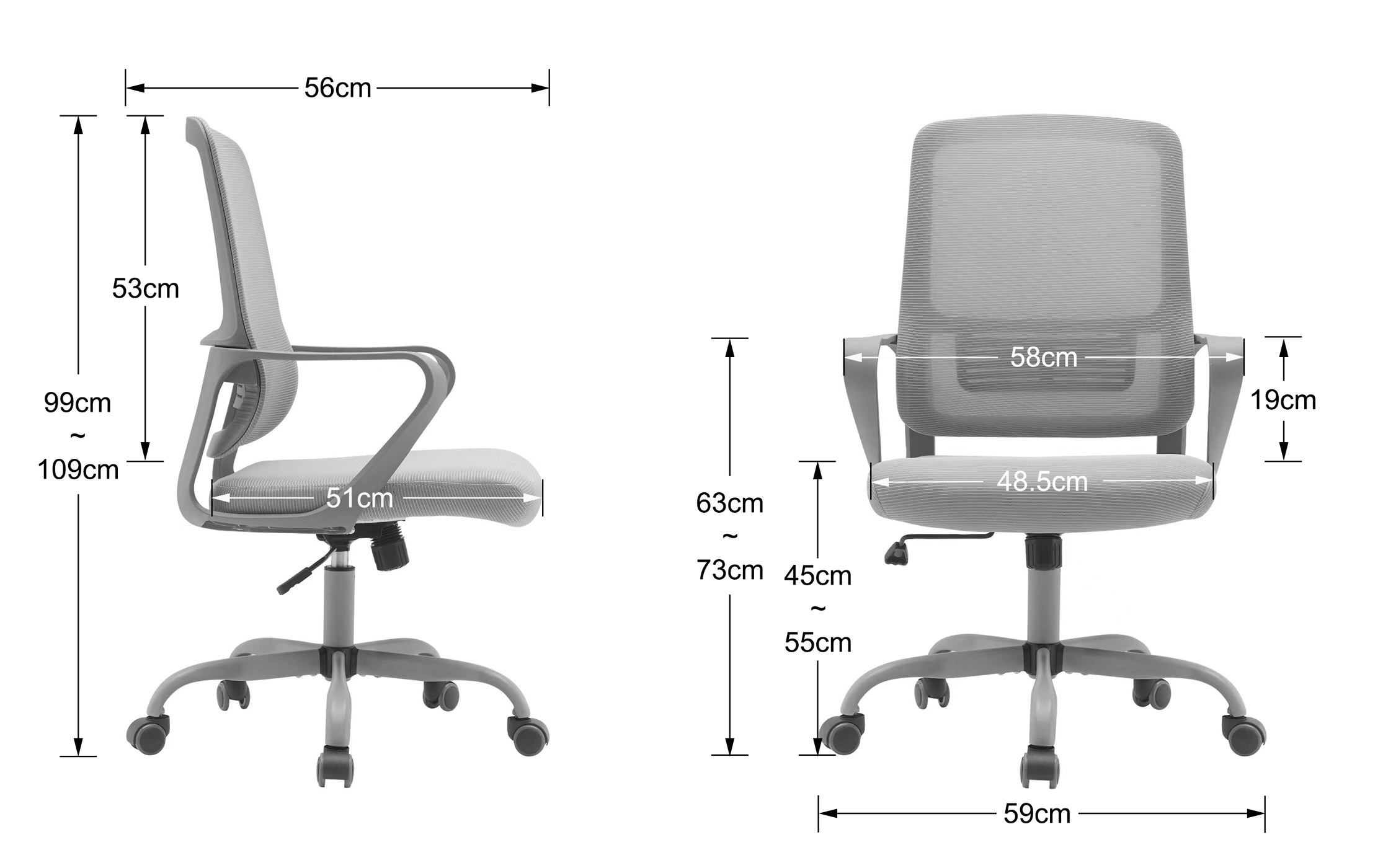Silla de oficina gris con dimensiones, vistas frontal y lateral.