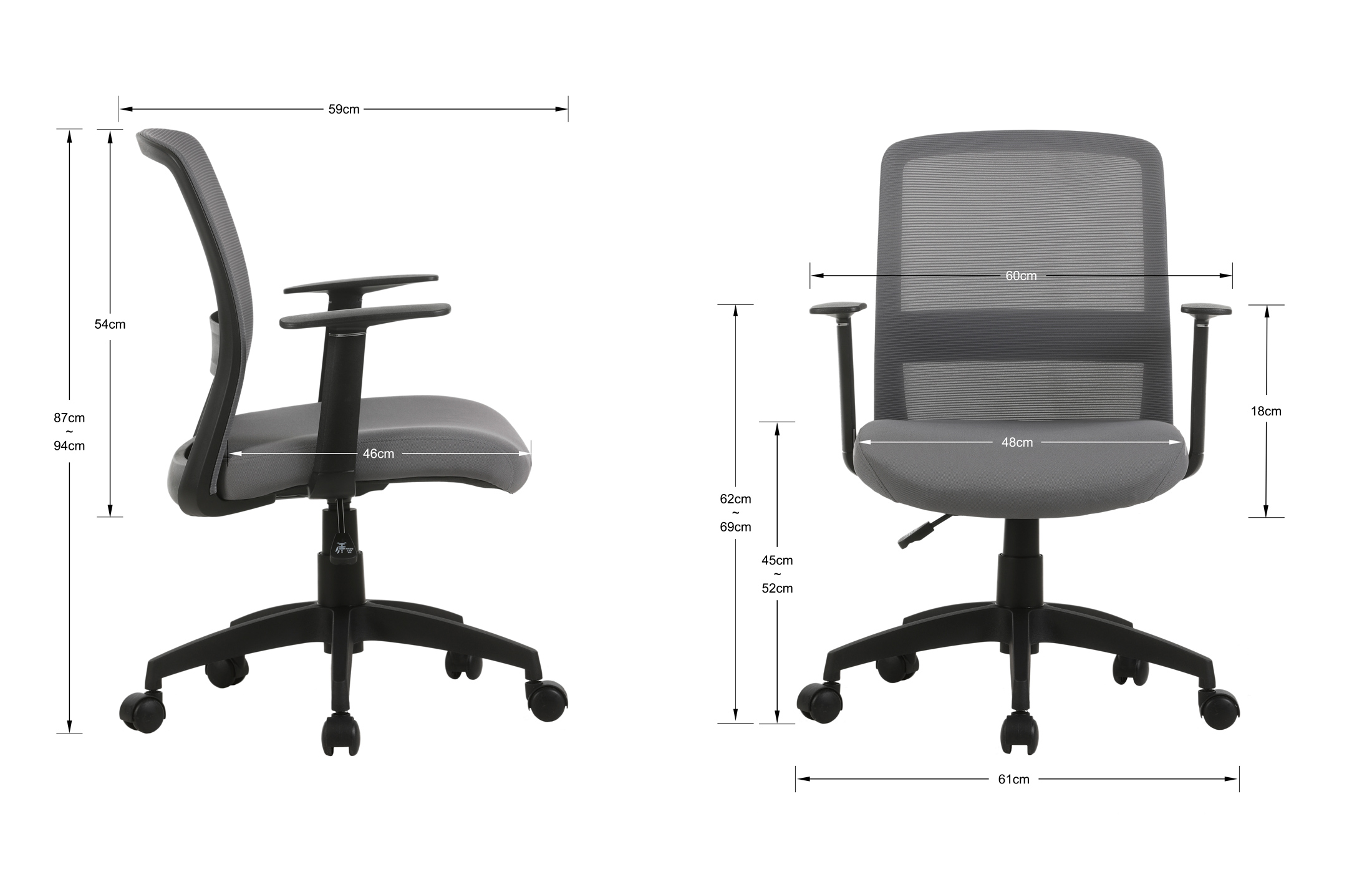 Silla de oficina con dimensiones: 59cm ancho, 54cm alto, 46cm profundidad asiento, 60cm ancho respaldo.