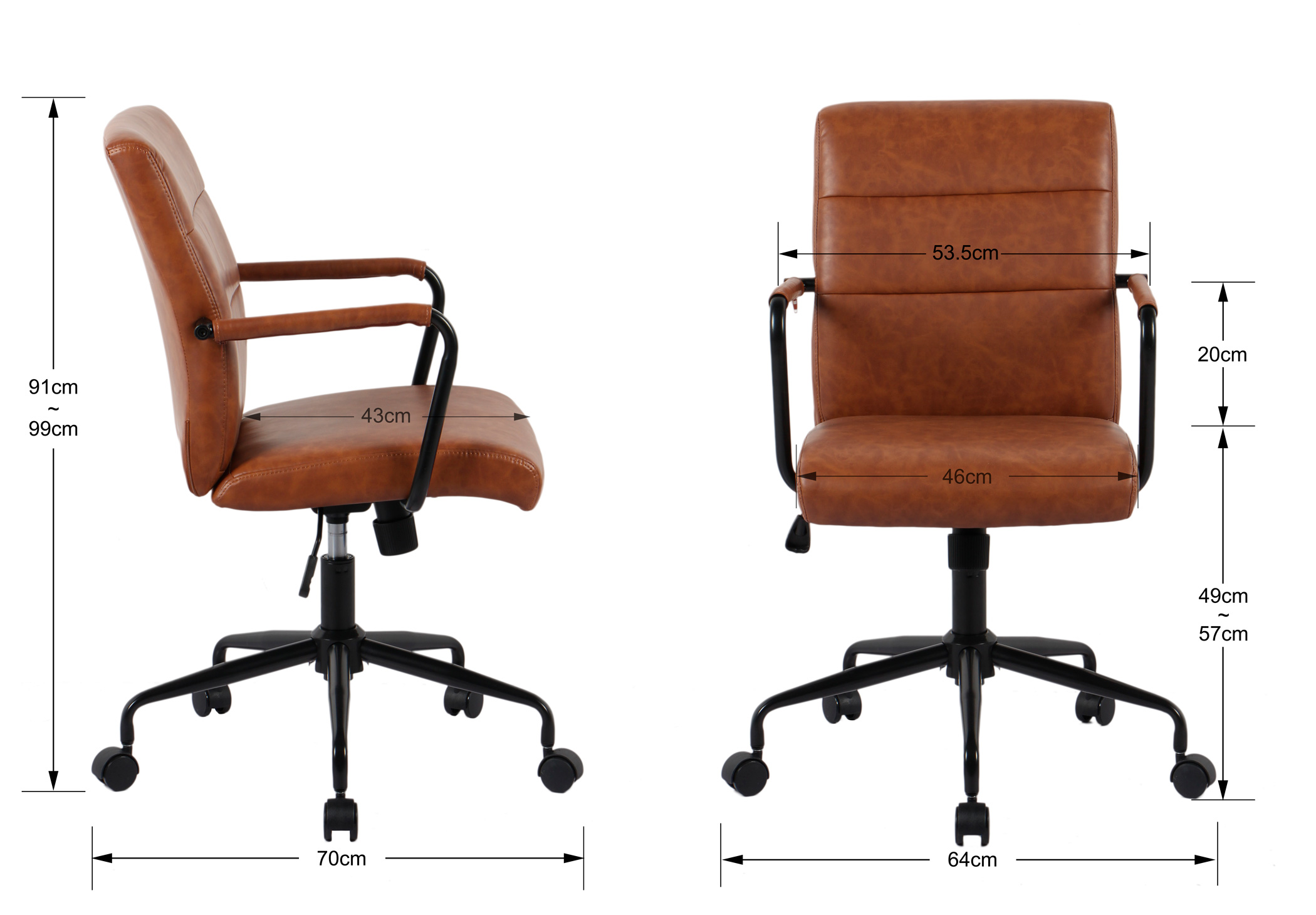 Silla de oficina marrón con ruedas y brazos metálicos, se indican las dimensiones.