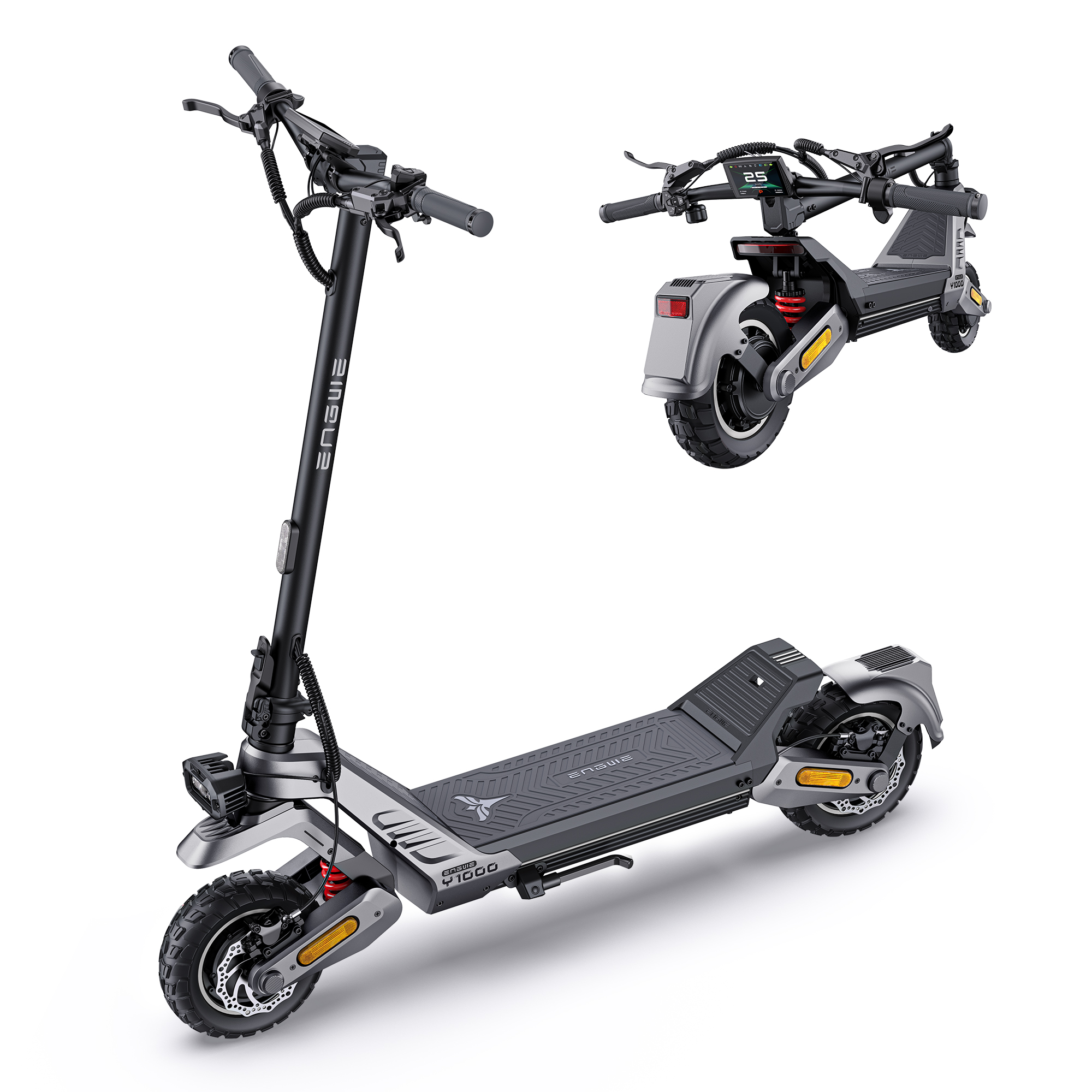 Un patinete eléctrico negro y gris con plataforma ancha y amortiguadores.