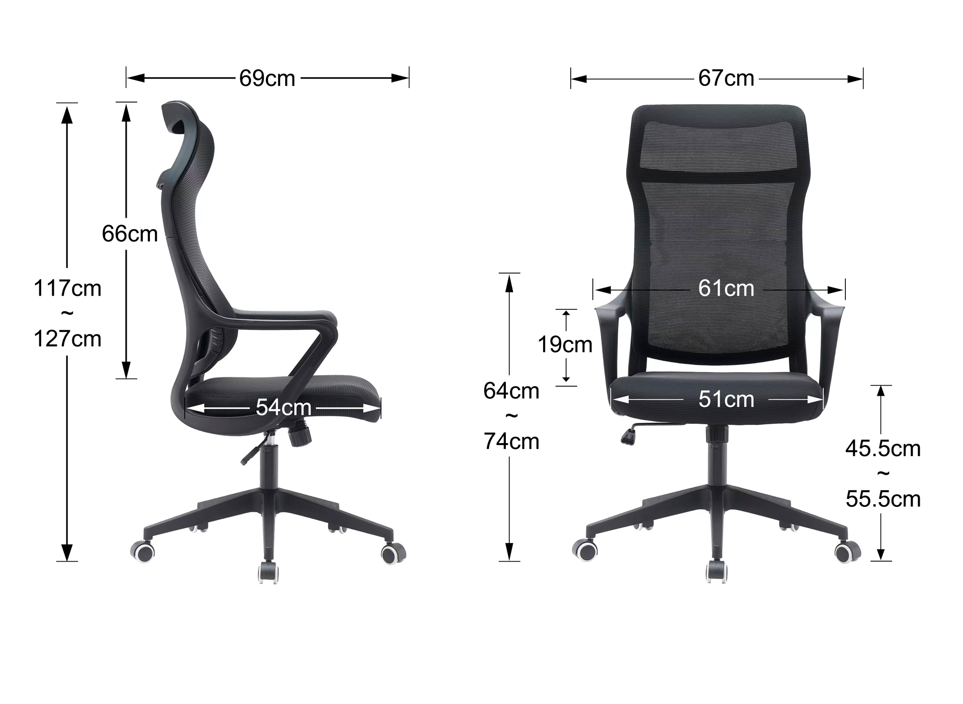 Dos sillas de oficina negras con dimensiones. Altura asiento izq. 117-127cm.