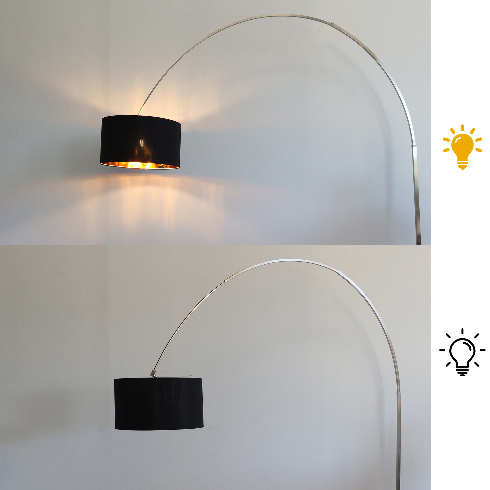 Un brazo plateado de lámpara de arco con pantalla negra, proyectando luz.